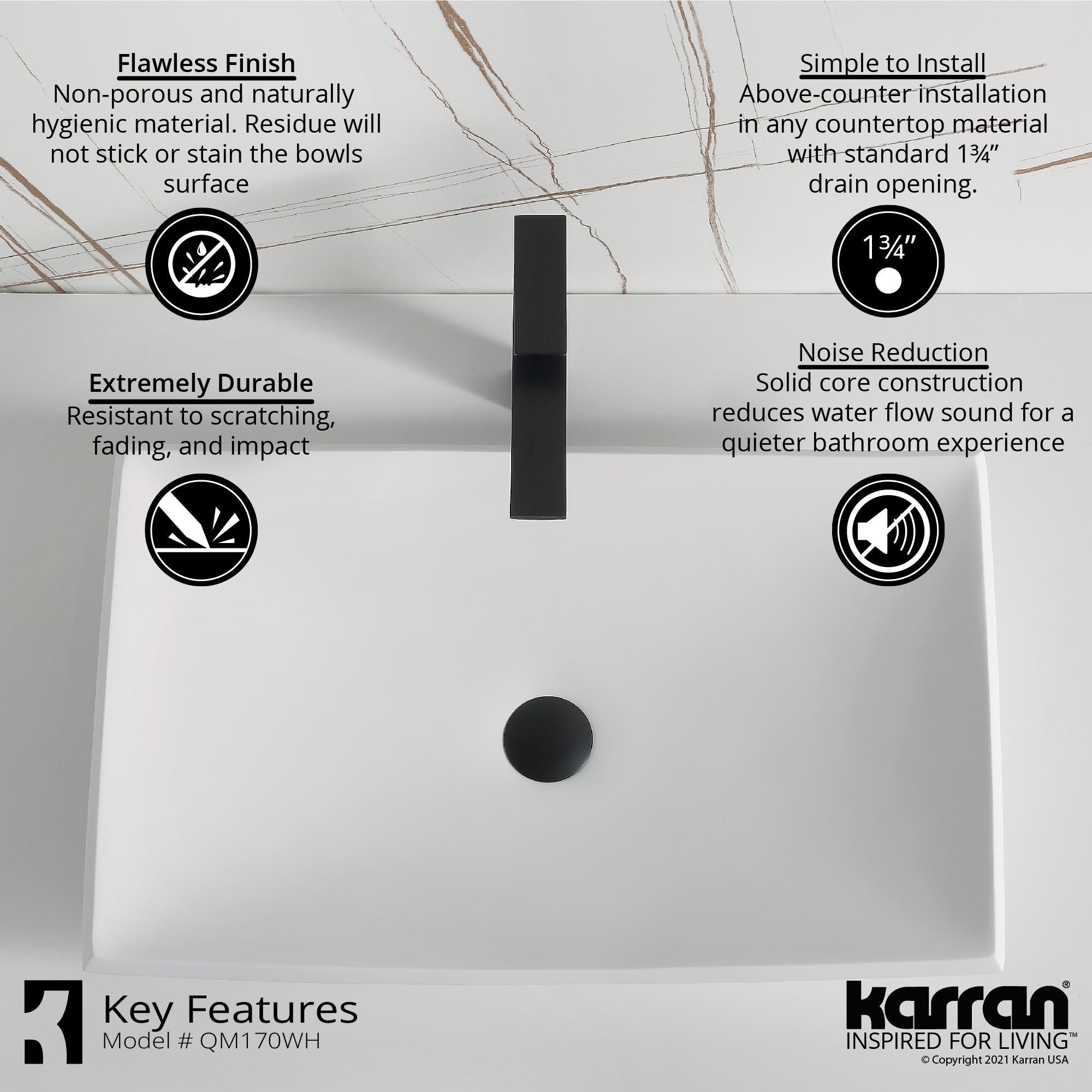 Alternate Image for Karran Quattro 25.25" x 15.5" Rectangular Vessel Acrylic Solid Surface ADA Bathroom Sink with Stainless Steel Faucet and Accessories, White, QM170WH422SS
