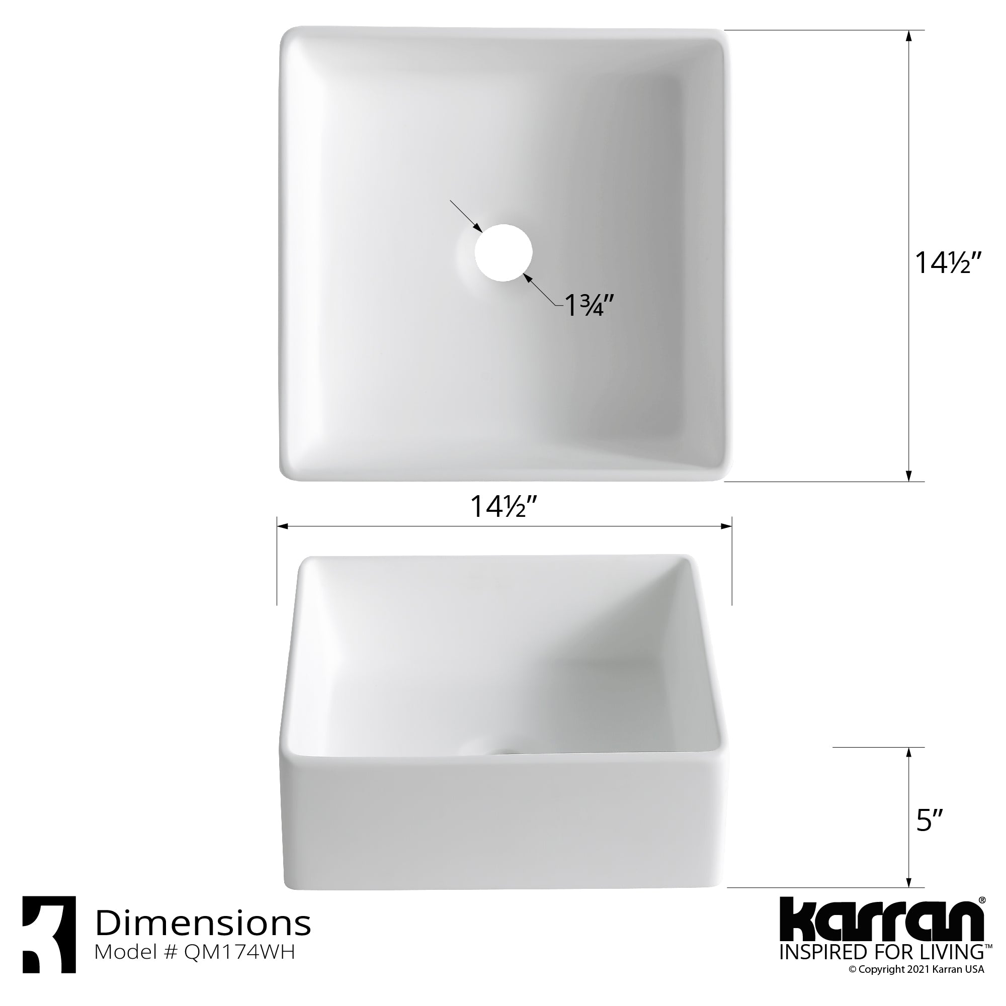 Alternate Image for Karran Quattro 14.5" x 14.5" Square Vessel Acrylic Solid Surface ADA Bathroom Sink, White, QM174WH