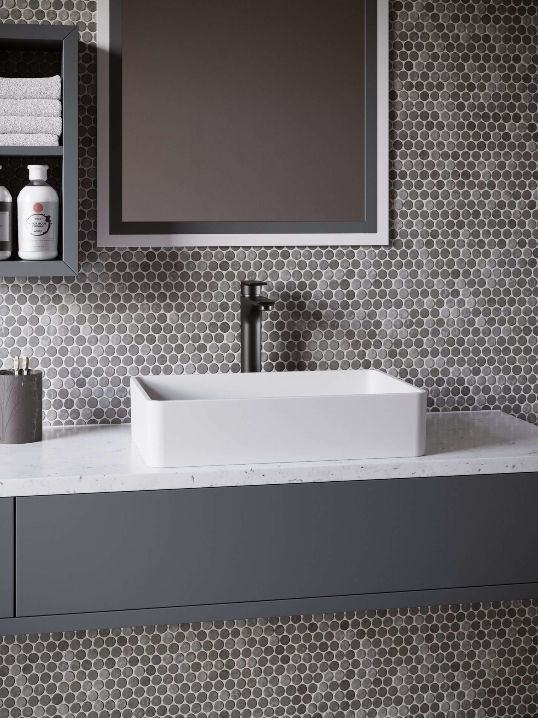 Alternate Image for Karran Quattro 21.25" x 13.75" Rectangular Vessel Acrylic Solid Surface ADA Bathroom Sink with Matte Black Faucet and Accessories, White, QM176WH422MB