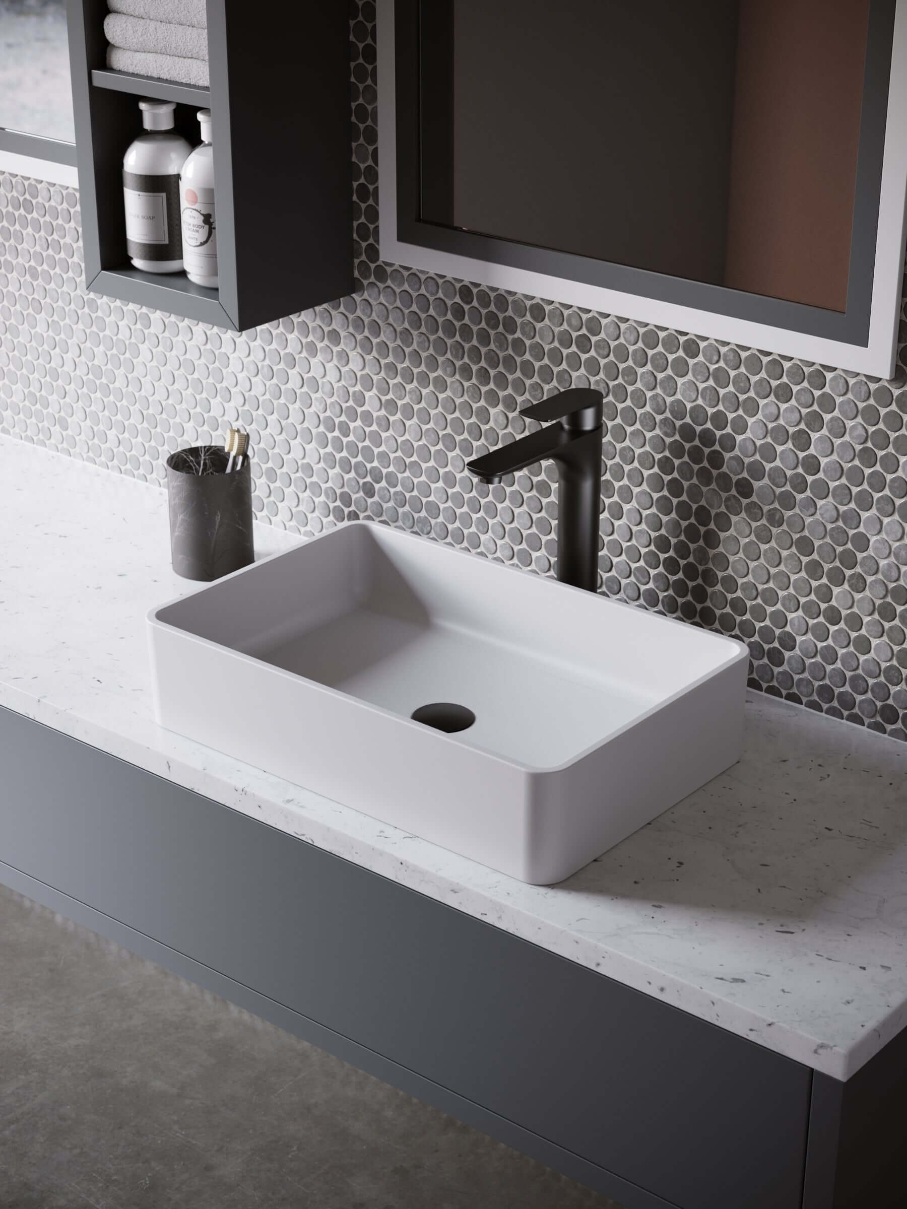 Alternate Image for Karran Quattro 21.25" x 13.75" Rectangular Vessel Acrylic Solid Surface ADA Bathroom Sink with Matte Black Faucet and Accessories, White, QM176WH422MB