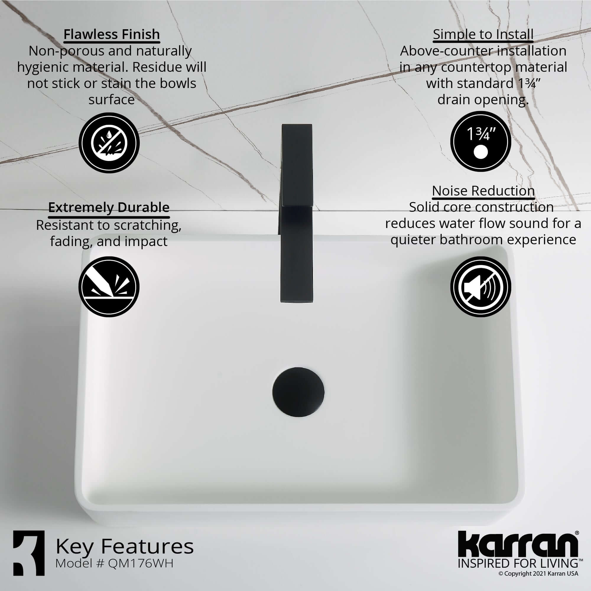 Alternate Image for Karran Quattro 21.25" x 13.75" Rectangular Vessel Acrylic Solid Surface ADA Bathroom Sink with Matte Black Faucet and Accessories, White, QM176WH422MB