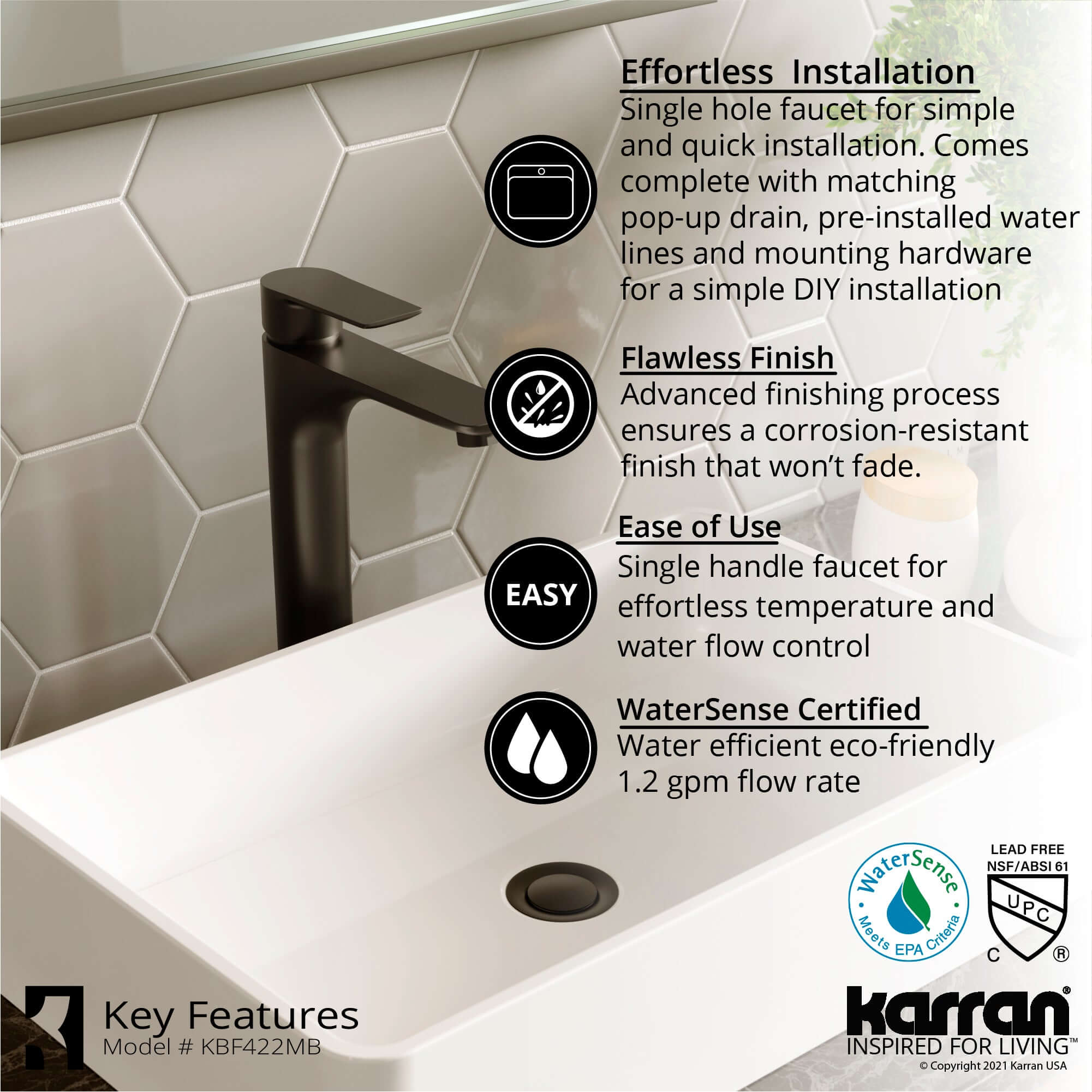 Alternate Image for Karran Quattro 21.25" x 13.75" Rectangular Vessel Acrylic Solid Surface ADA Bathroom Sink with Matte Black Faucet and Accessories, White, QM176WH422MB