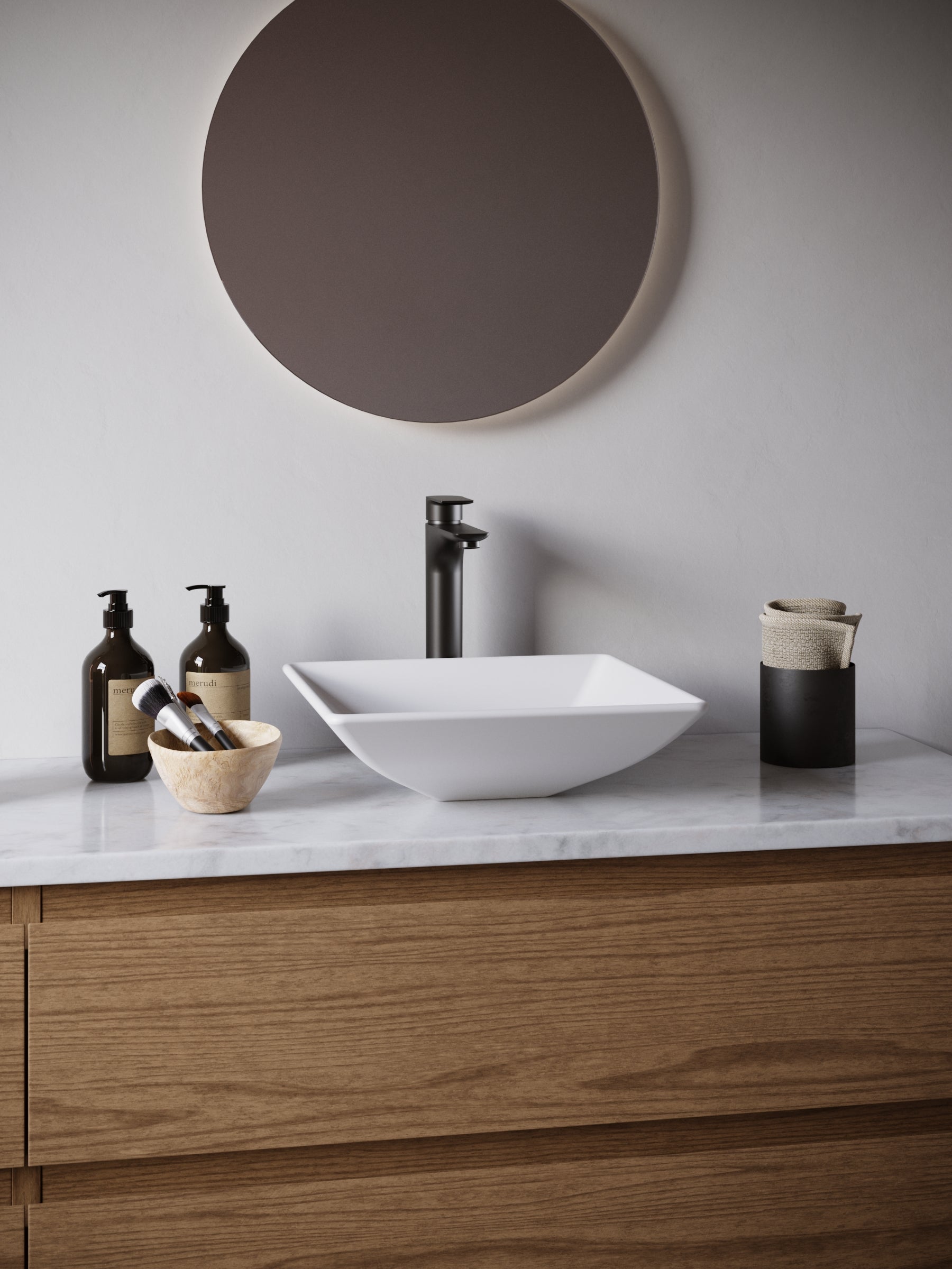 Alternate Image for Karran Quattro 16" x 16" Square Vessel Acrylic Solid Surface ADA Bathroom Sink with Matte Black Faucet and Accessories, White, QM178WH422MB