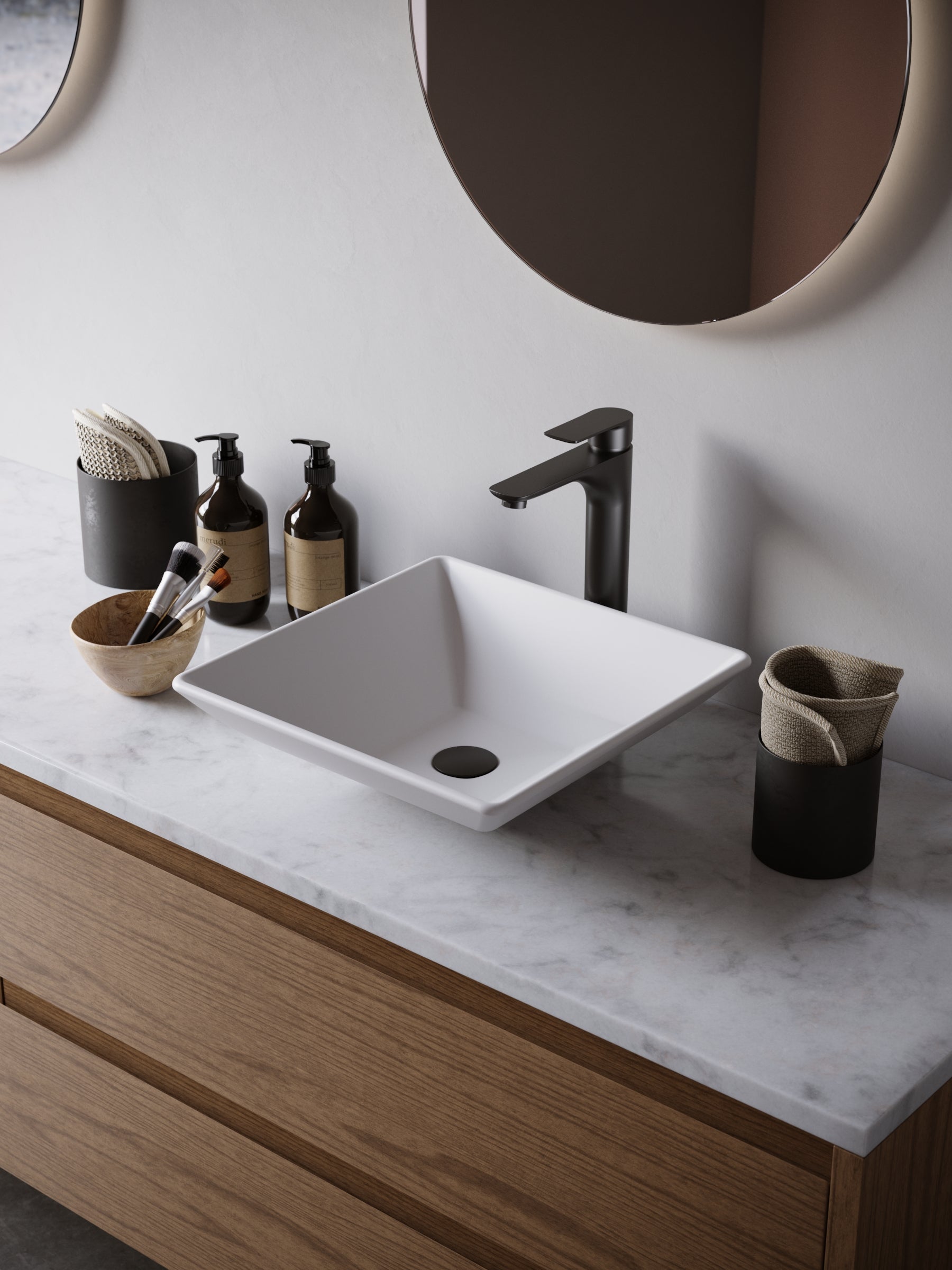 Alternate Image for Karran Quattro 16" x 16" Square Vessel Acrylic Solid Surface ADA Bathroom Sink with Matte Black Faucet and Accessories, White, QM178WH422MB