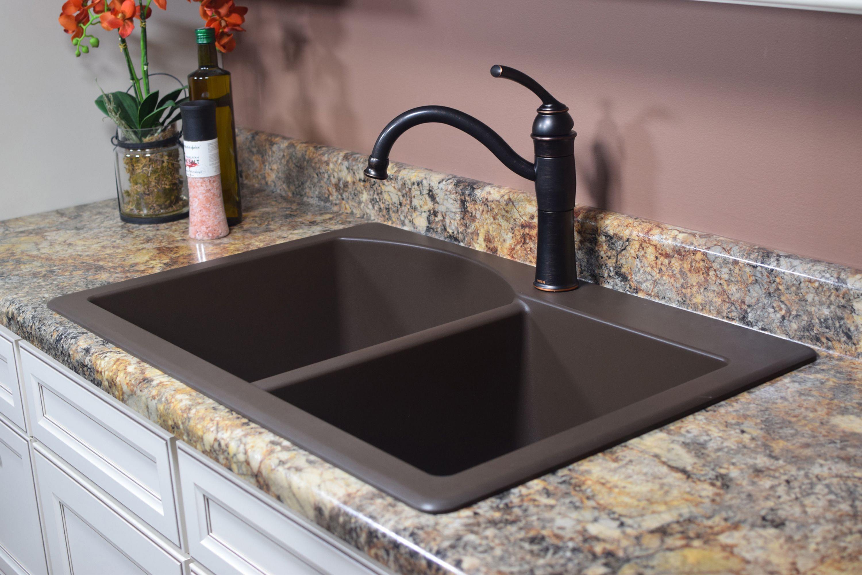 Alternate Image for Karran 33" Drop In/Topmount Quartz Composite Kitchen Sink, 60/40 Double Bowl, Brown, QT-610-BR-PK1