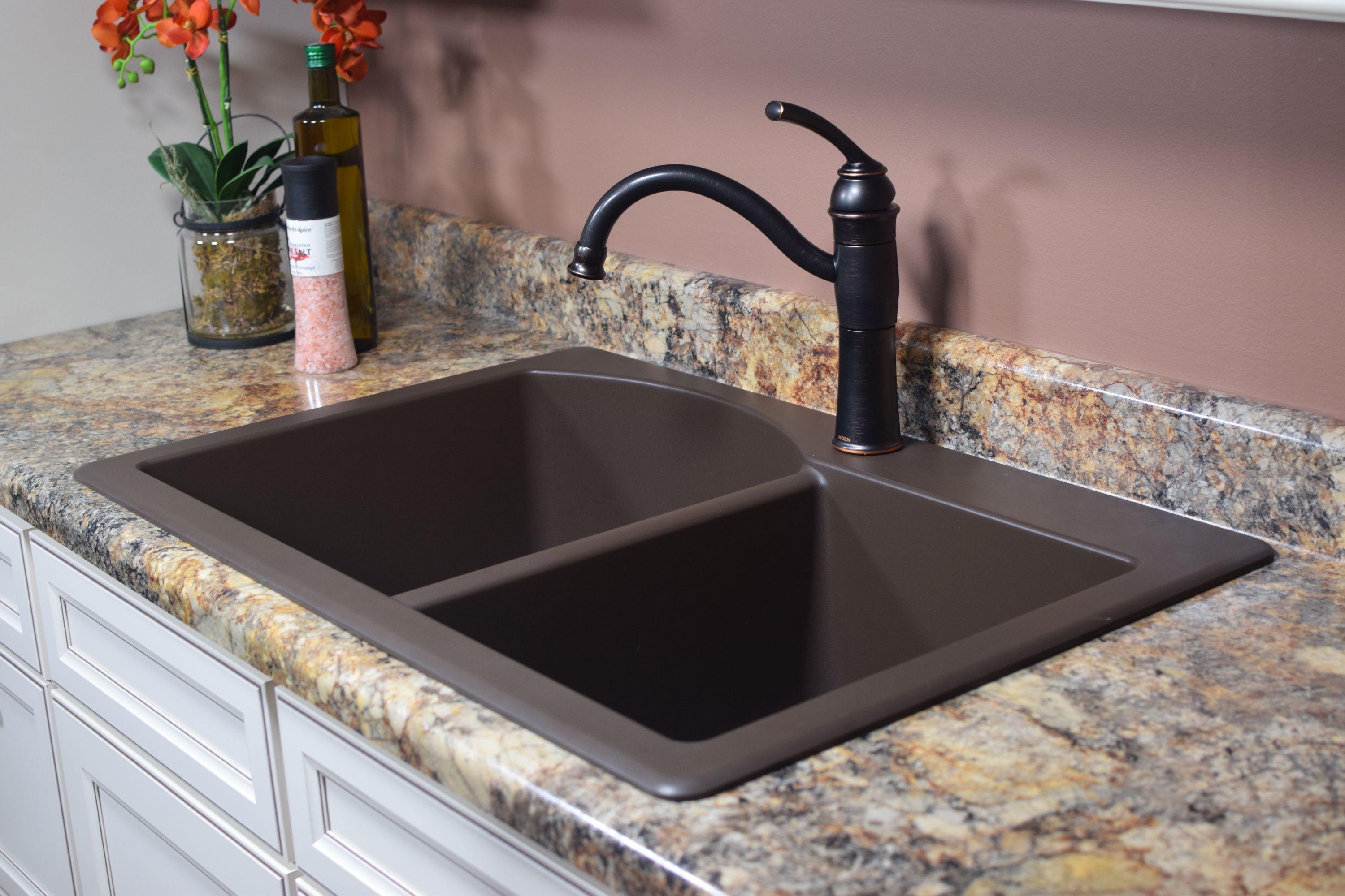 Alternate Image for Karran 33" Drop In/Topmount Quartz Composite Kitchen Sink, 60/40 Double Bowl, Brown, QT-610-BR-PK1