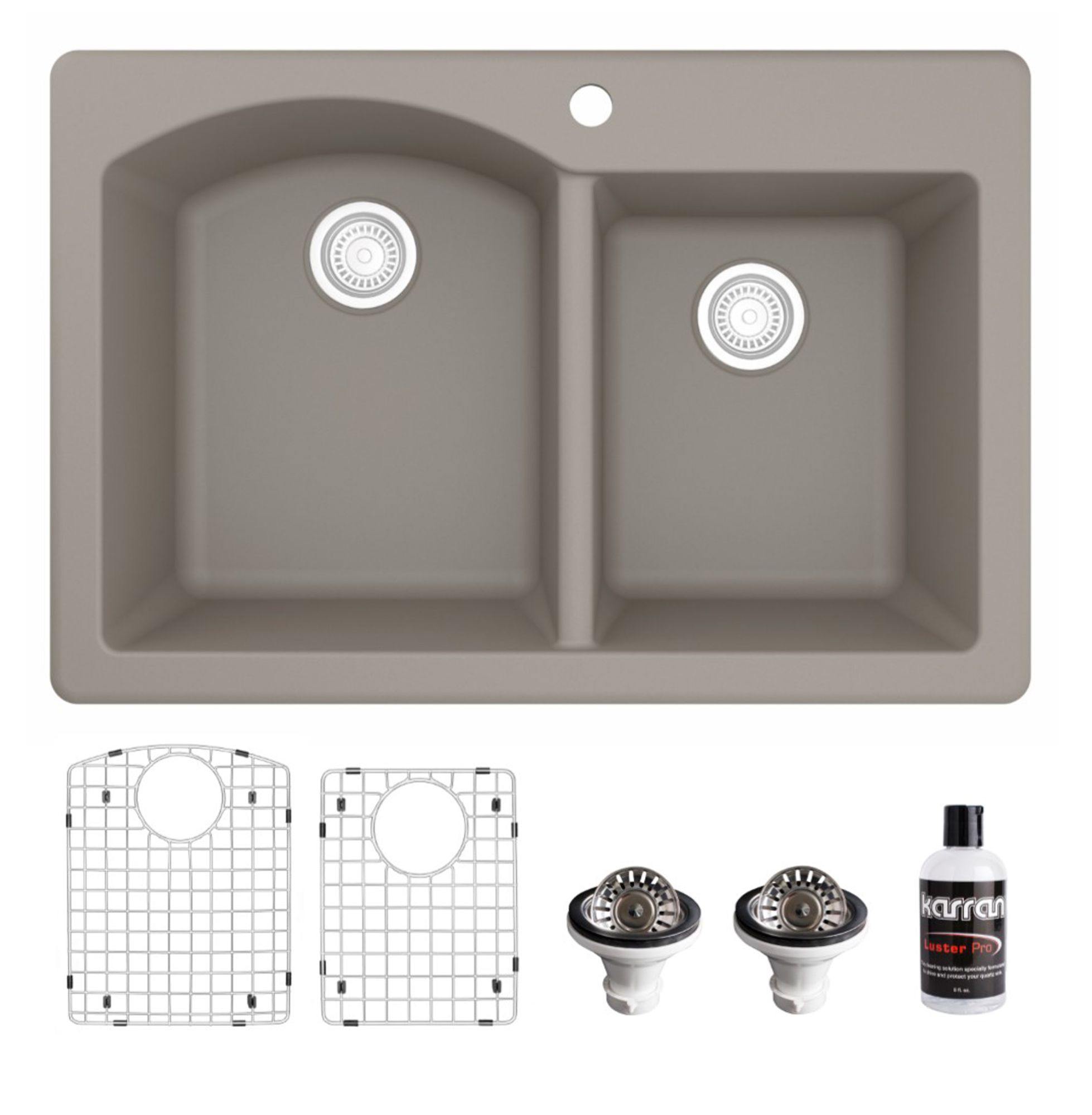 Karran 33" Drop In/Topmount Quartz Composite Kitchen Sink, 60/40 Double Bowl, Concrete, QT-610-CN-PK1