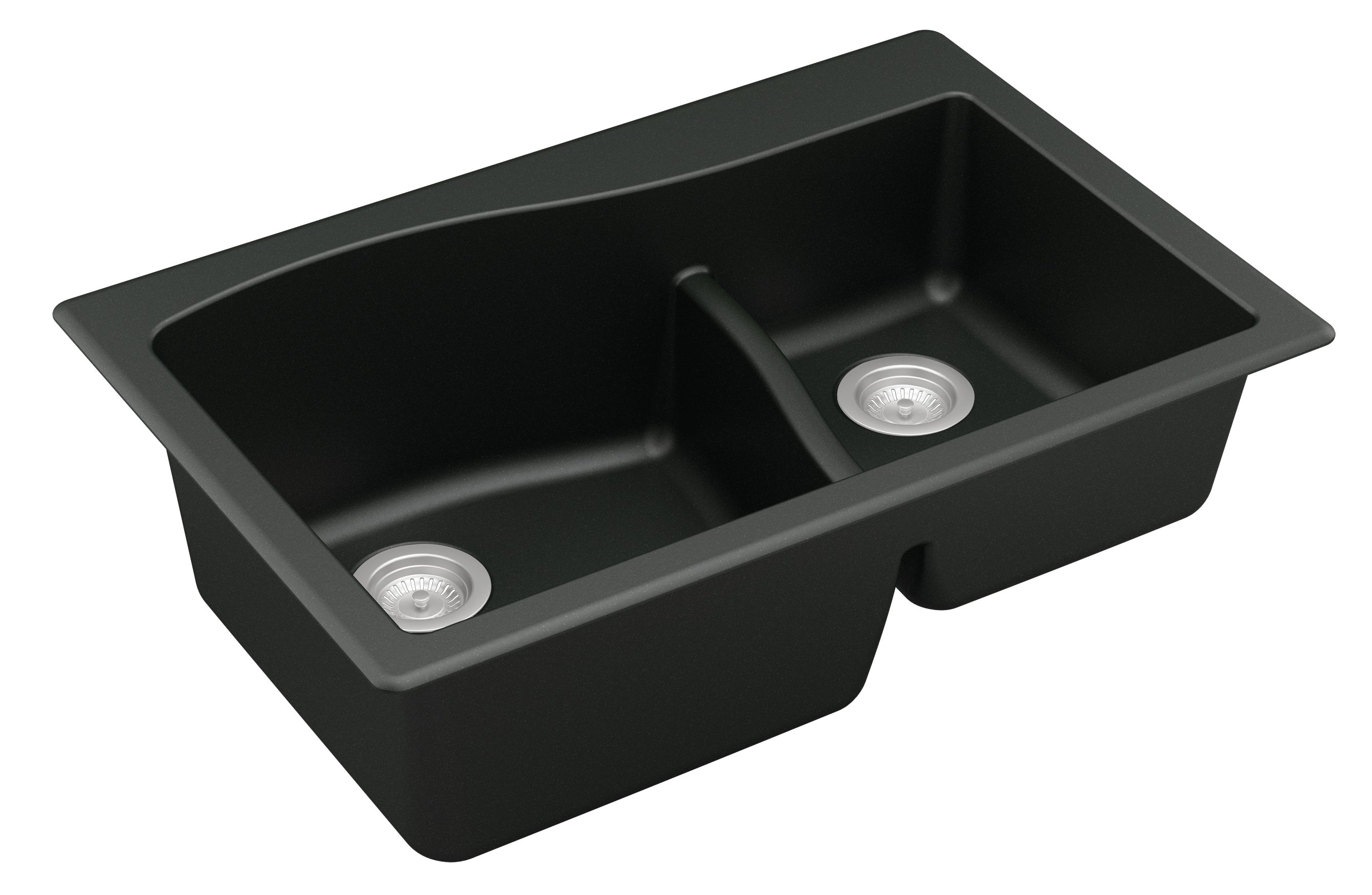 Alternate Image for Karran 33" Drop In/Topmount Quartz Composite Kitchen Sink, 60/40 Double Bowl, Black, QT-630-BL