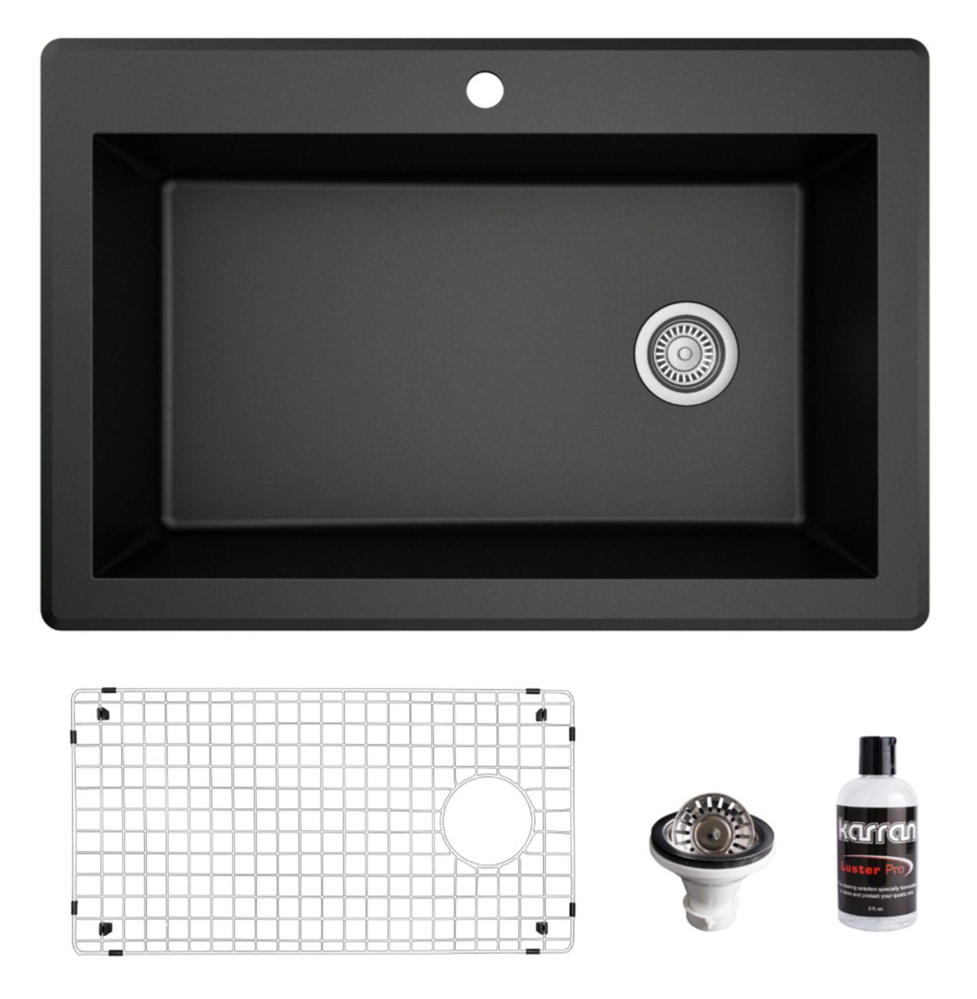 Karran 33" Drop In/Topmount Quartz Composite Kitchen Sink, Black, QT-670-BL-PK1