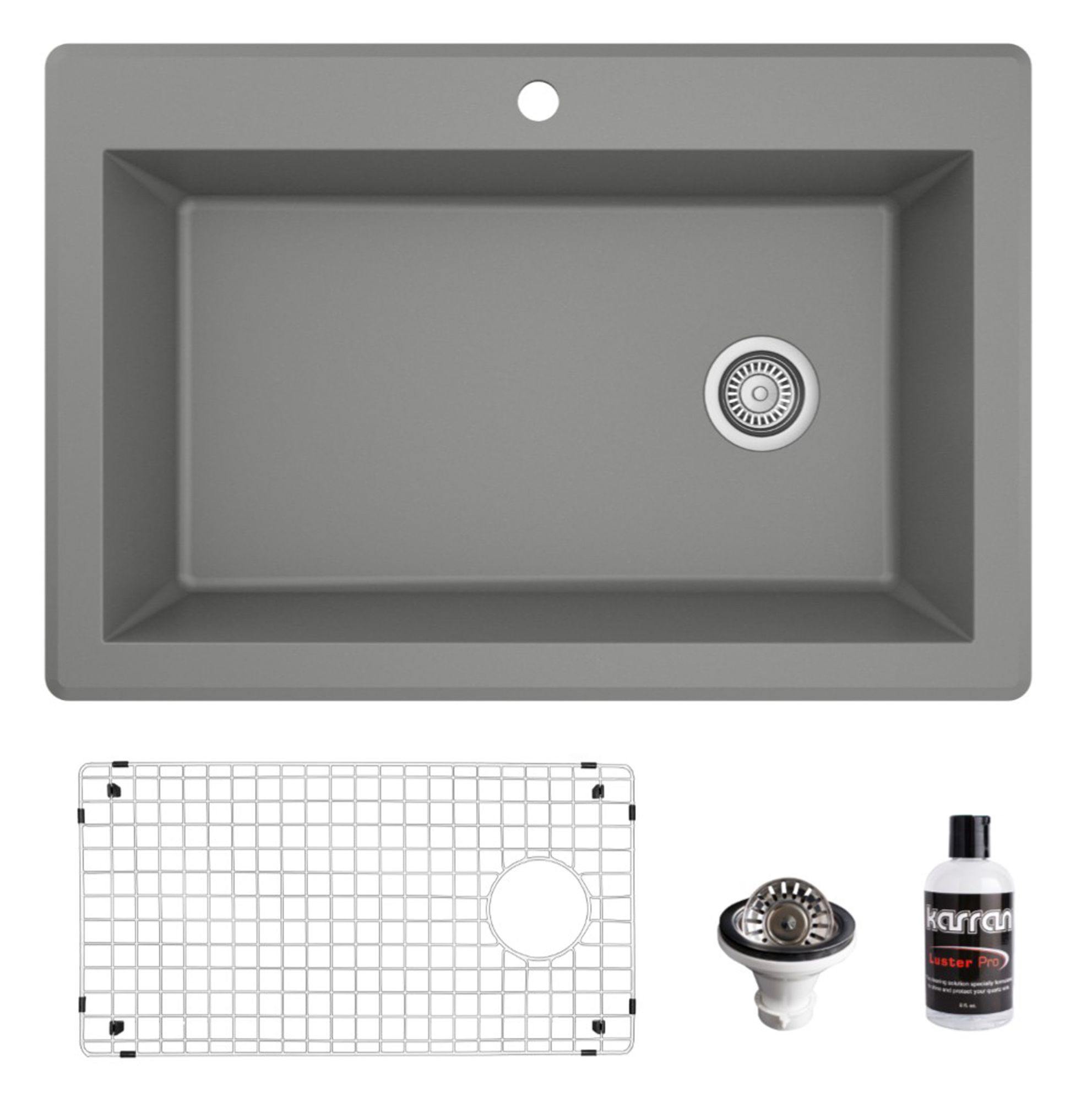 Karran 33" Drop In/Topmount Quartz Composite Kitchen Sink, Grey, QT-670-GR-PK1