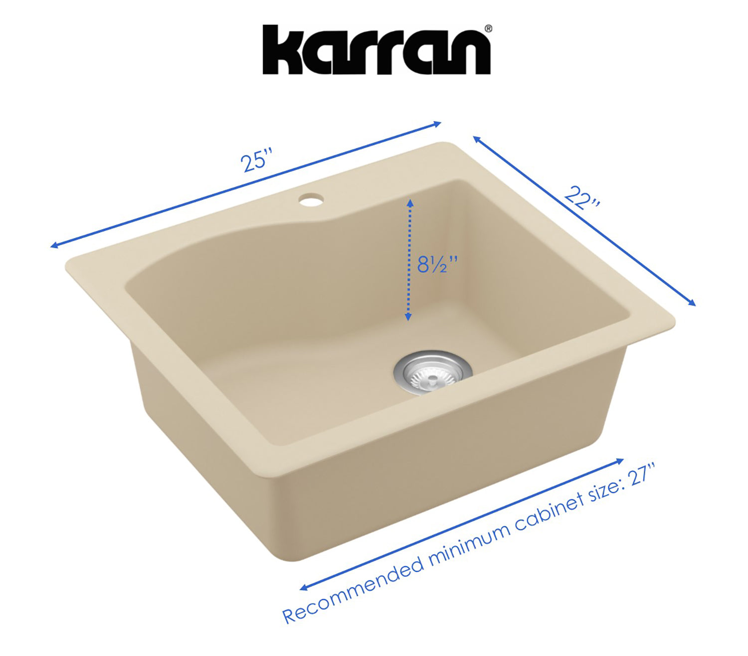 Alternate Image for Karran 25" Drop In/Topmount Quartz Composite Kitchen Sink, Bisque, QT-671-BI