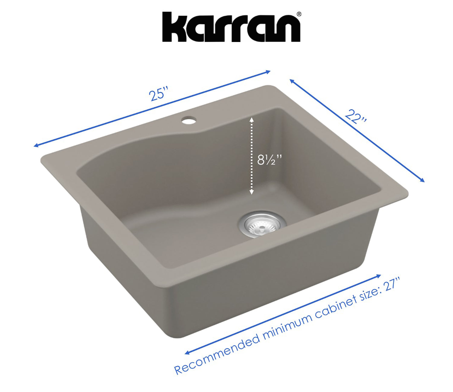 Alternate Image for Karran 25" Drop In/Topmount Quartz Composite Kitchen Sink, Concrete, QT-671-CN