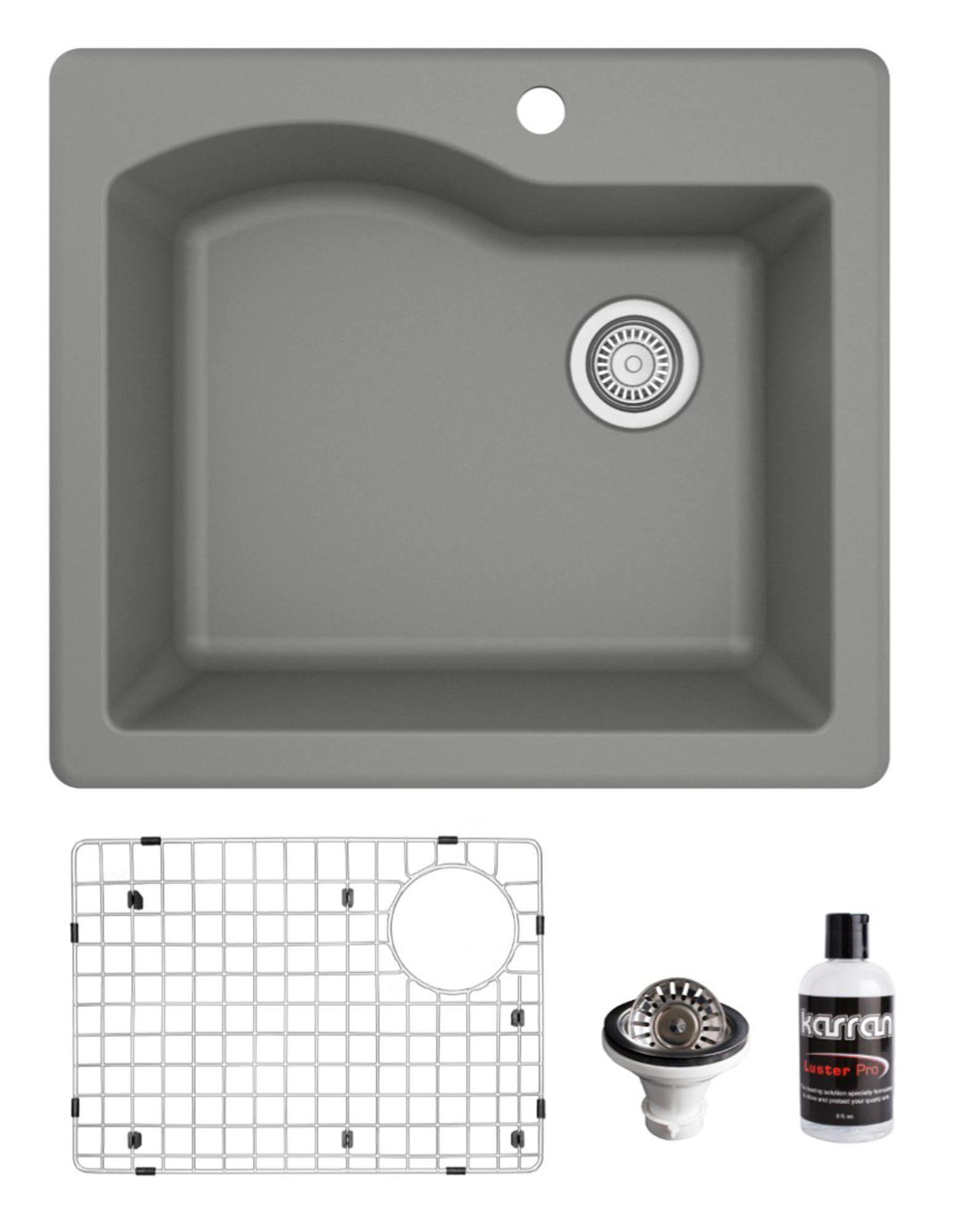 Karran 25" Drop In/Topmount Quartz Composite Kitchen Sink, Grey, QT-671-GR-PK1