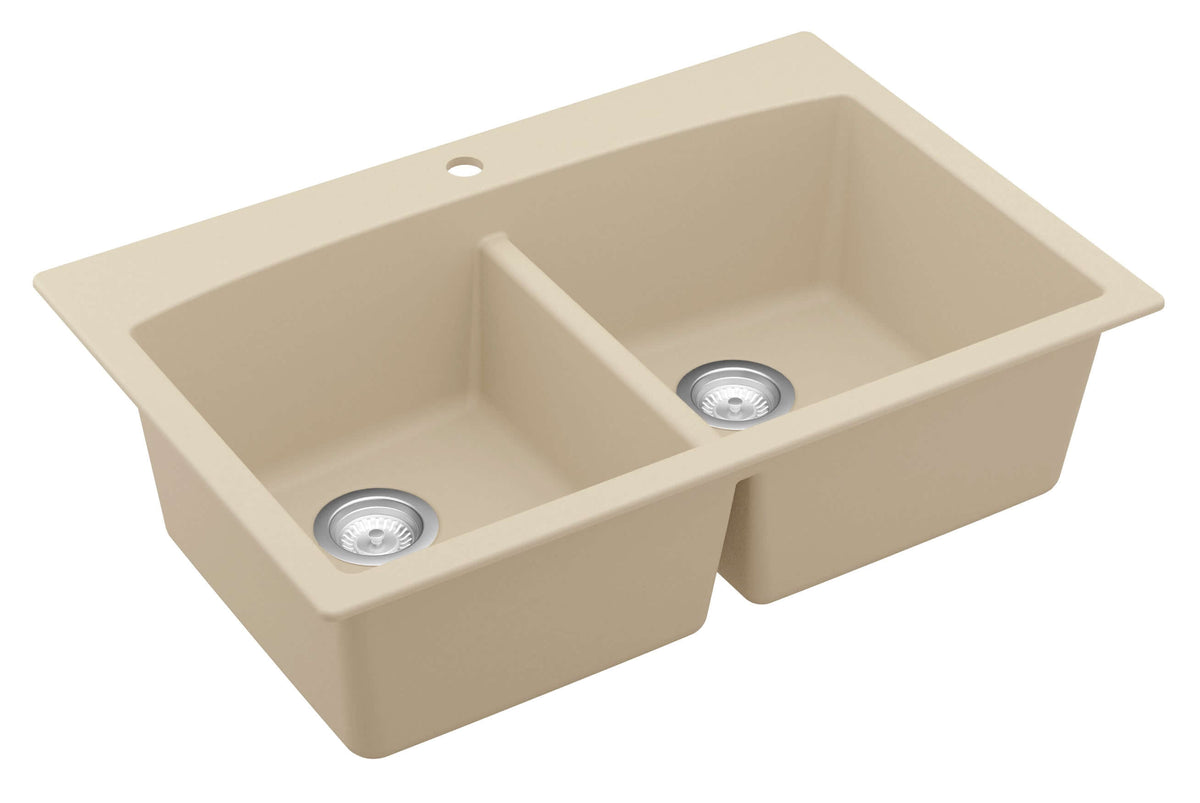 Alternate Image for Karran 33" Drop In/Topmount Quartz Composite Kitchen Sink, 50/50 Double Bowl, Bisque, QT-710-BI