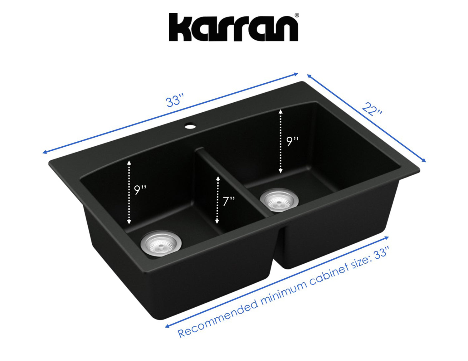 Alternate Image for Karran 33" Drop In/Topmount Quartz Composite Kitchen Sink, 50/50 Double Bowl, Black, QT-710-BL