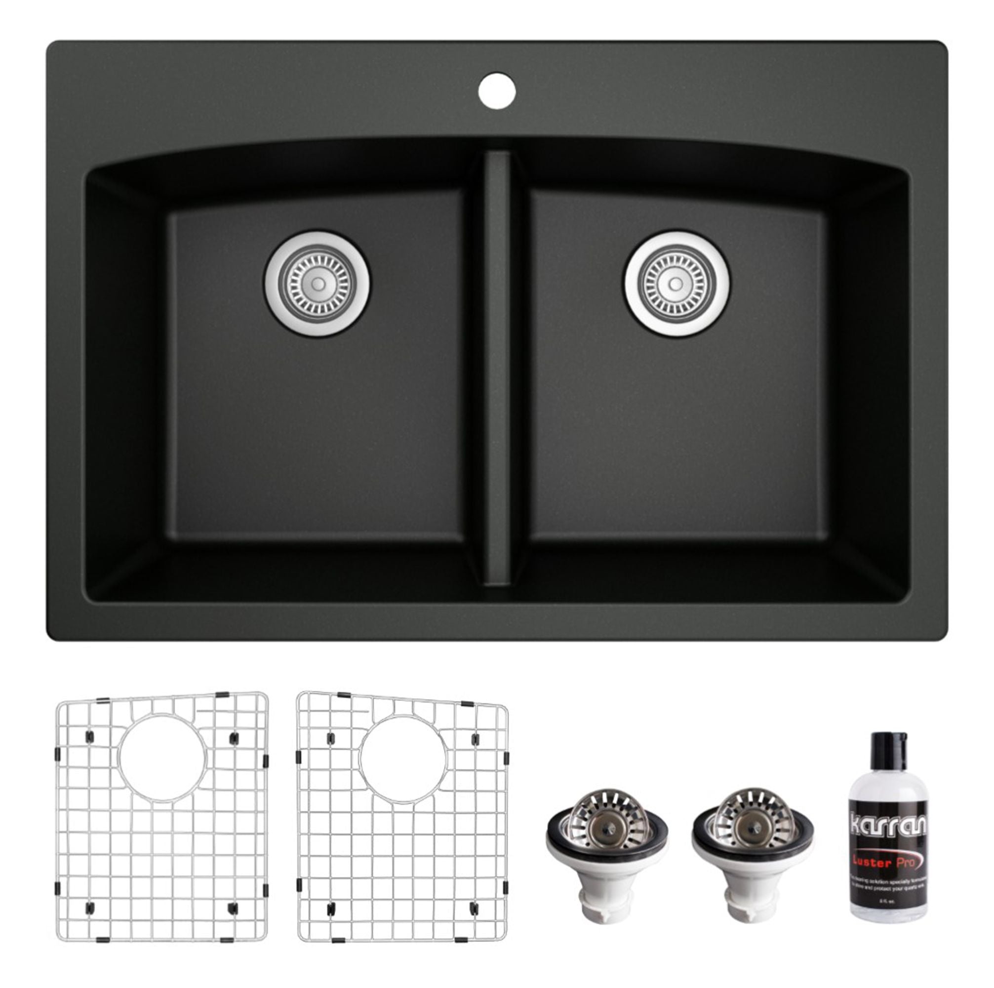 Black Quartz Kitchen Sink Double Bowl Drop-In Sink with Drain