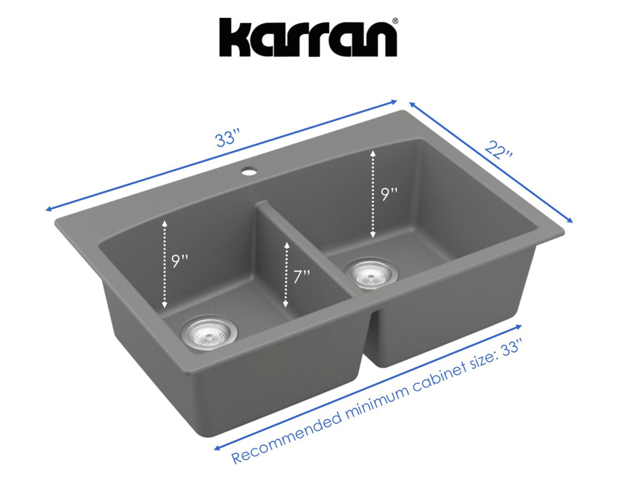 Alternate Image for Karran 33" Drop In/Topmount Quartz Composite Kitchen Sink, 50/50 Double Bowl, Grey, QT-710-GR-PK1