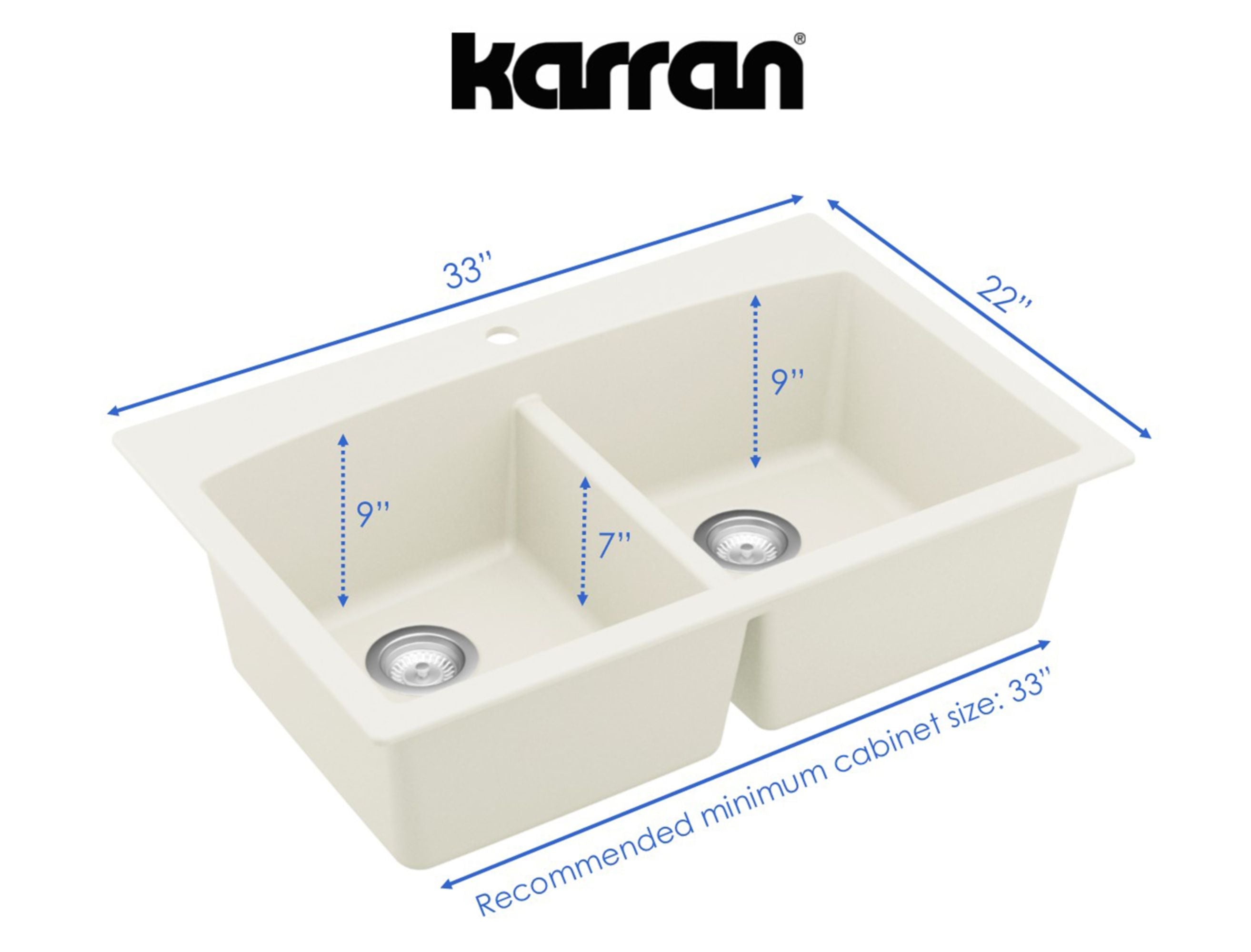 Alternate Image for Karran 33" Drop In/Topmount Quartz Composite Kitchen Sink, 50/50 Double Bowl, White, QT-710-WH-PK1