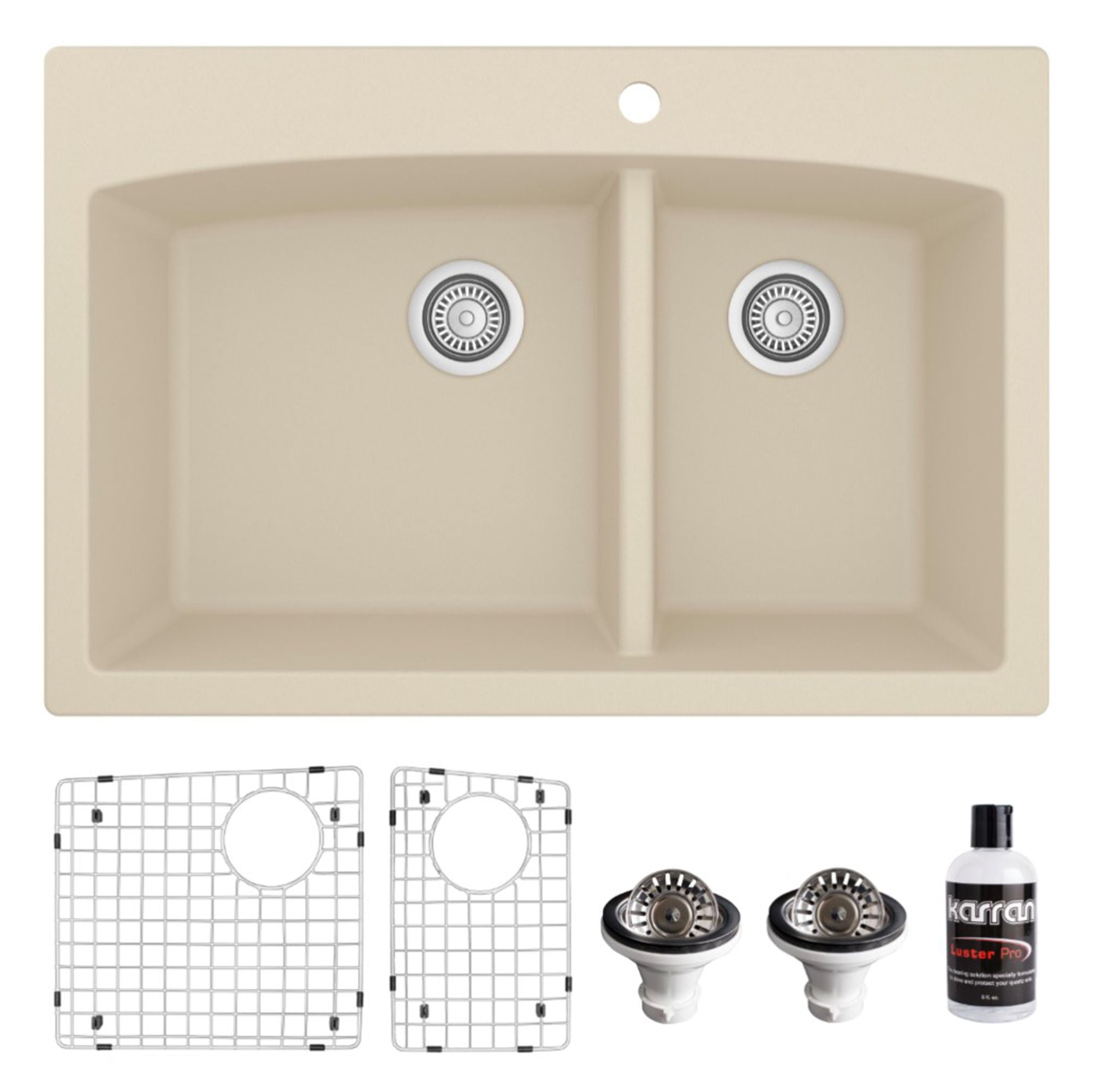 Karran 33" Drop In/Topmount Quartz Composite Kitchen Sink, 60/40 Double Bowl, Bisque, QT-711-BI-PK1
