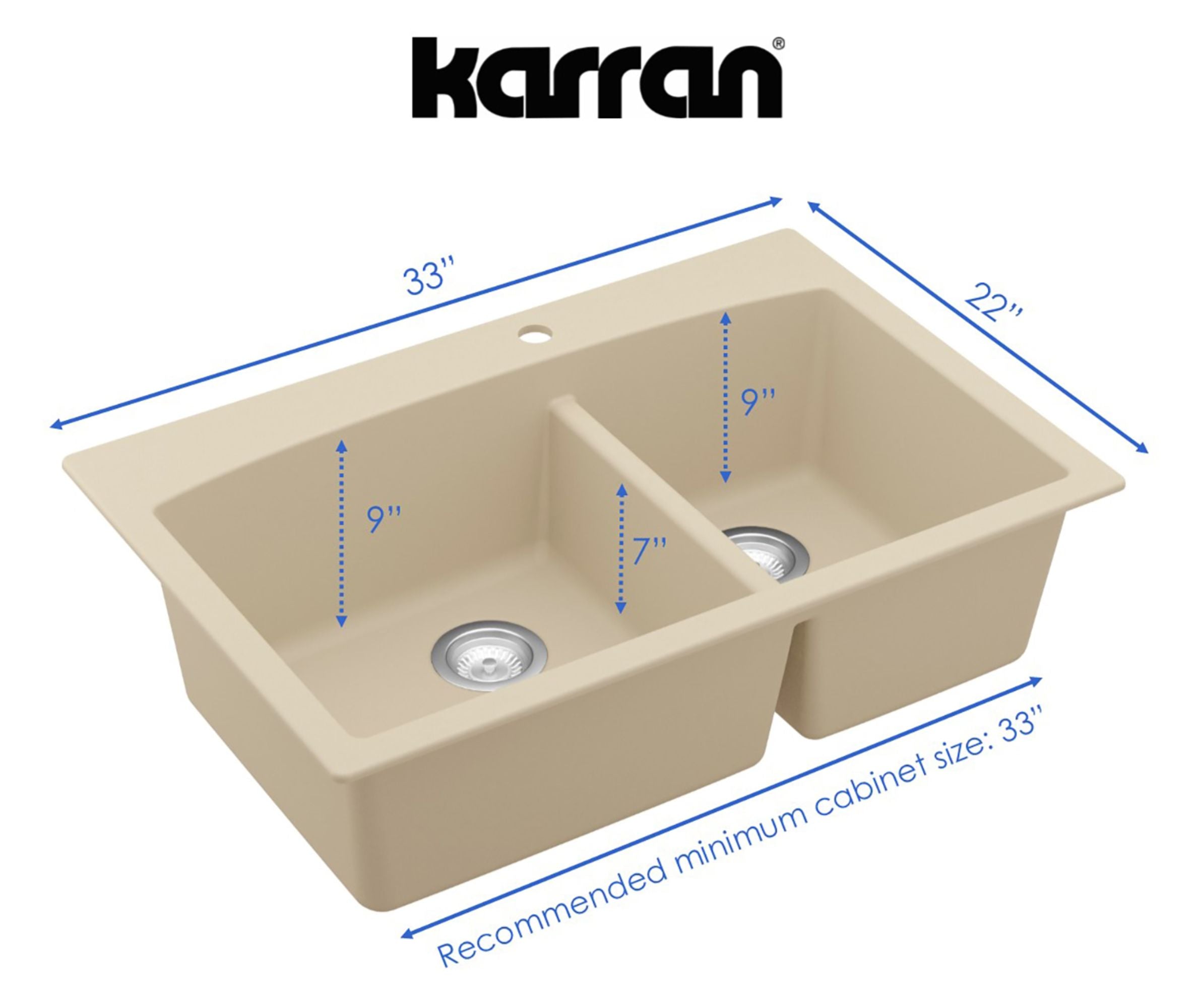 Alternate Image for Karran 33" Drop In/Topmount Quartz Composite Kitchen Sink, 60/40 Double Bowl, Bisque, QT-711-BI-PK1