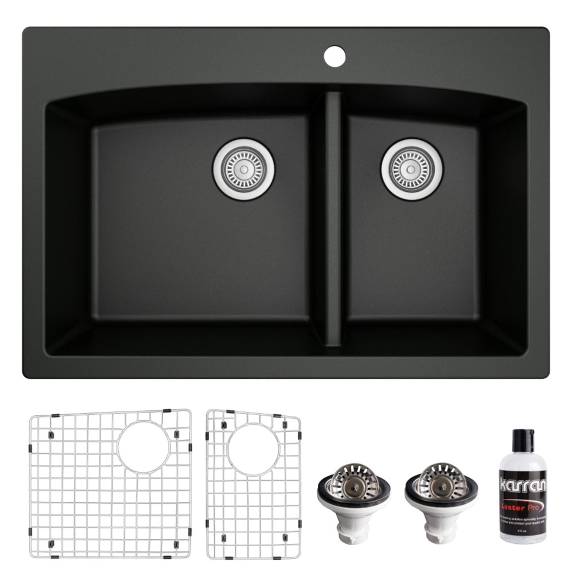 Karran 33" Drop In/Topmount Quartz Composite Kitchen Sink, 60/40 Double Bowl, Black, QT-711-BL-PK1