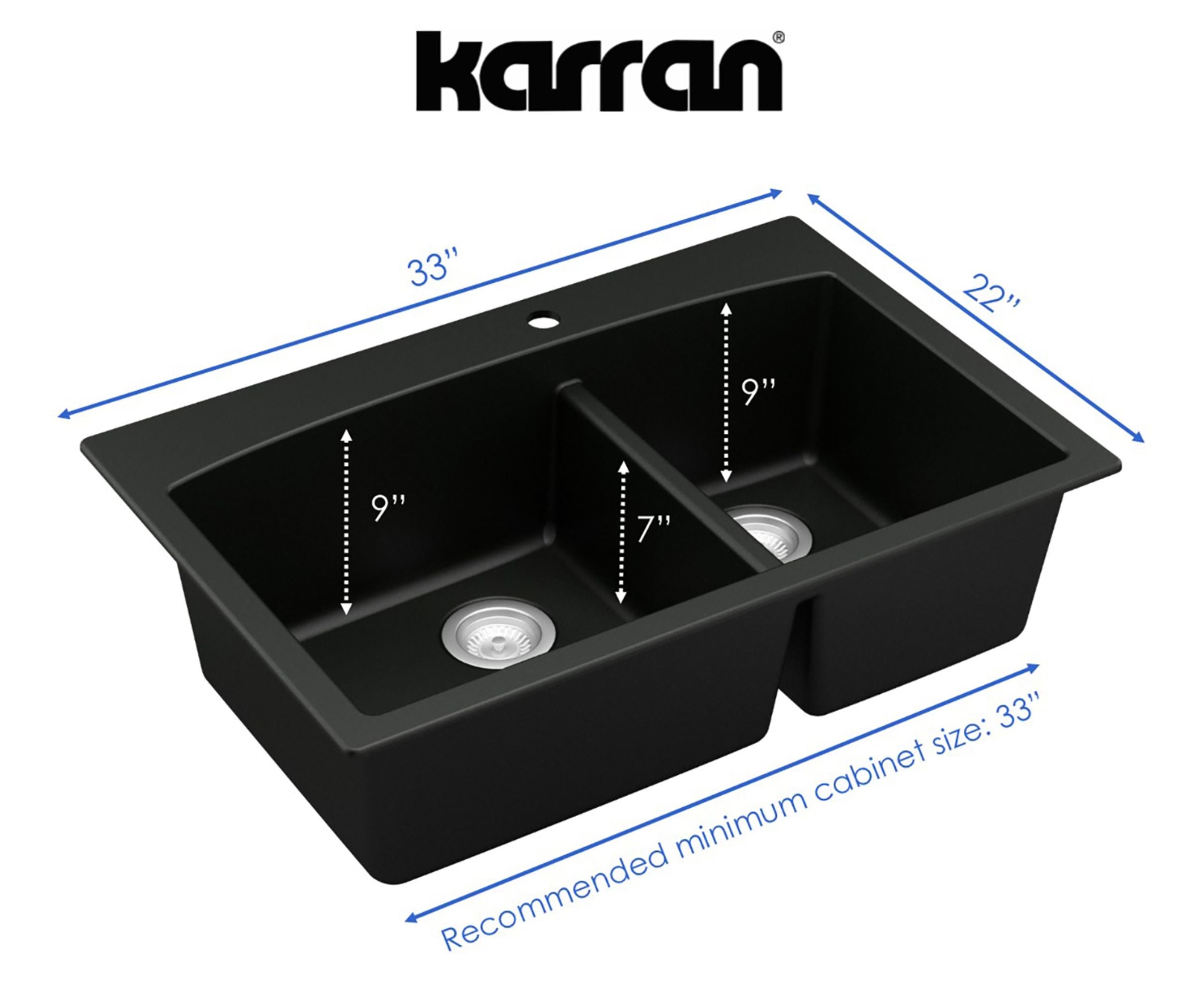 Alternate Image for Karran 33" Drop In/Topmount Quartz Composite Kitchen Sink, 60/40 Double Bowl, Black, QT-711-BL-PK1