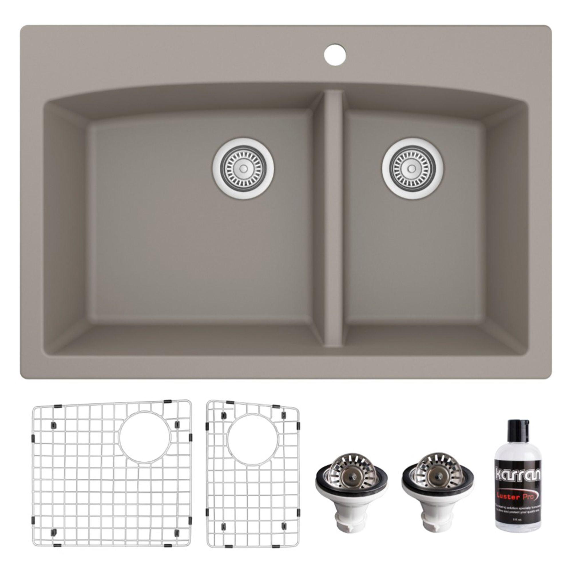 Karran 33" Drop In/Topmount Quartz Composite Kitchen Sink, 60/40 Double Bowl, Concrete, QT-711-CN-PK1