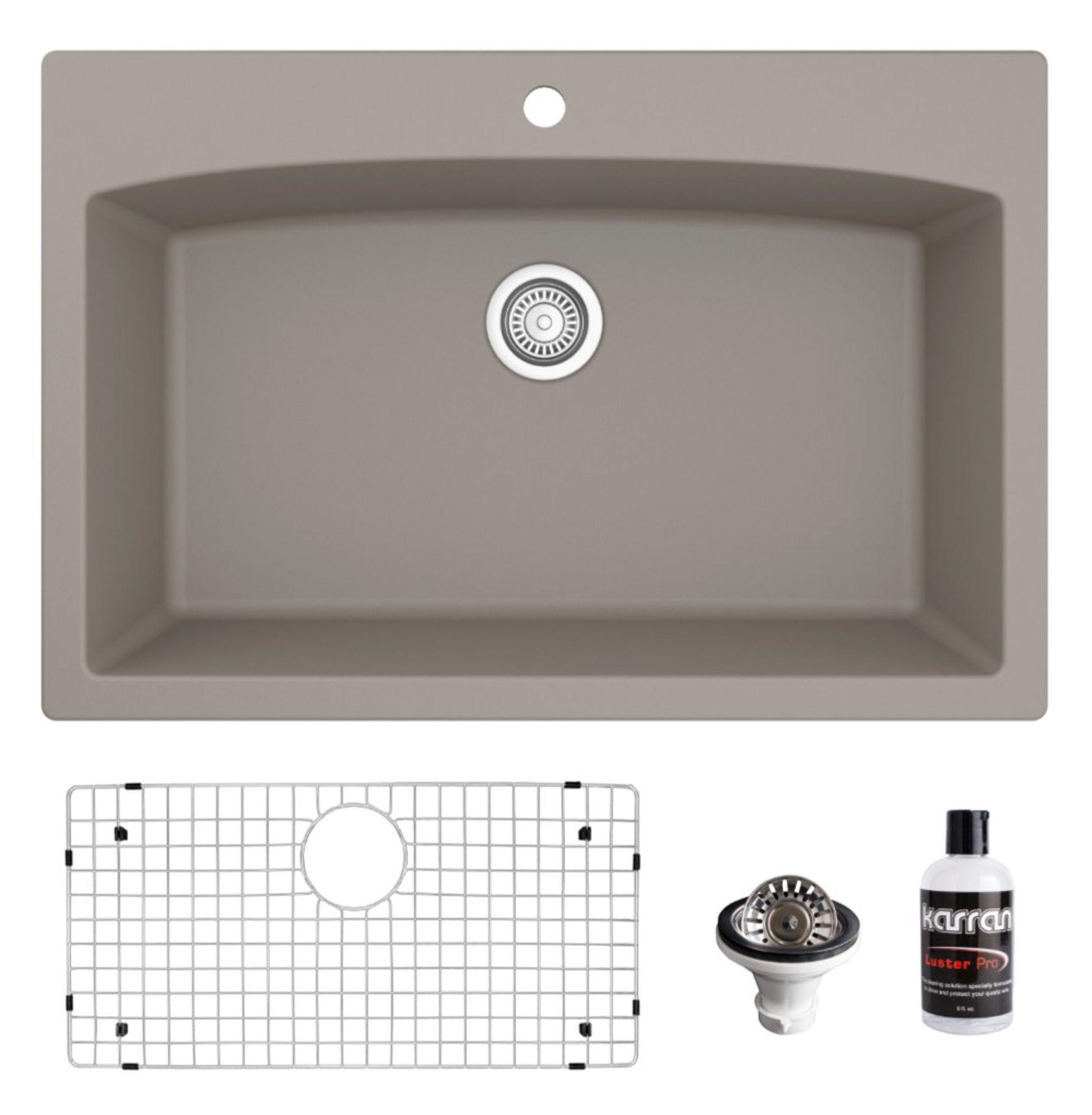 Karran 33" Drop In/Topmount Quartz Composite Kitchen Sink, Concrete, QT-712-CN-PK1