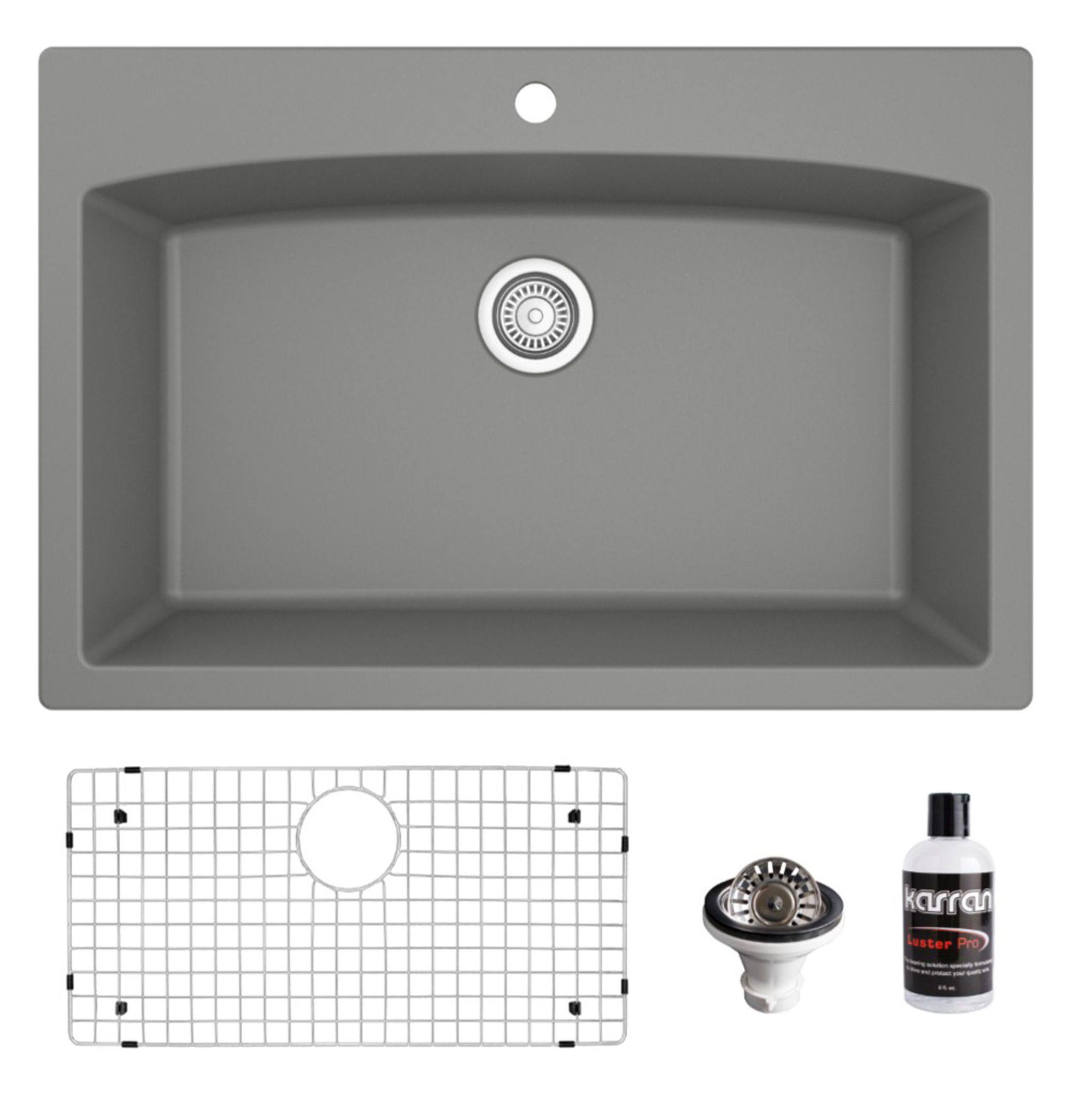 Karran 33" Drop In/Topmount Quartz Composite Kitchen Sink, Grey, QT-712-GR-PK1