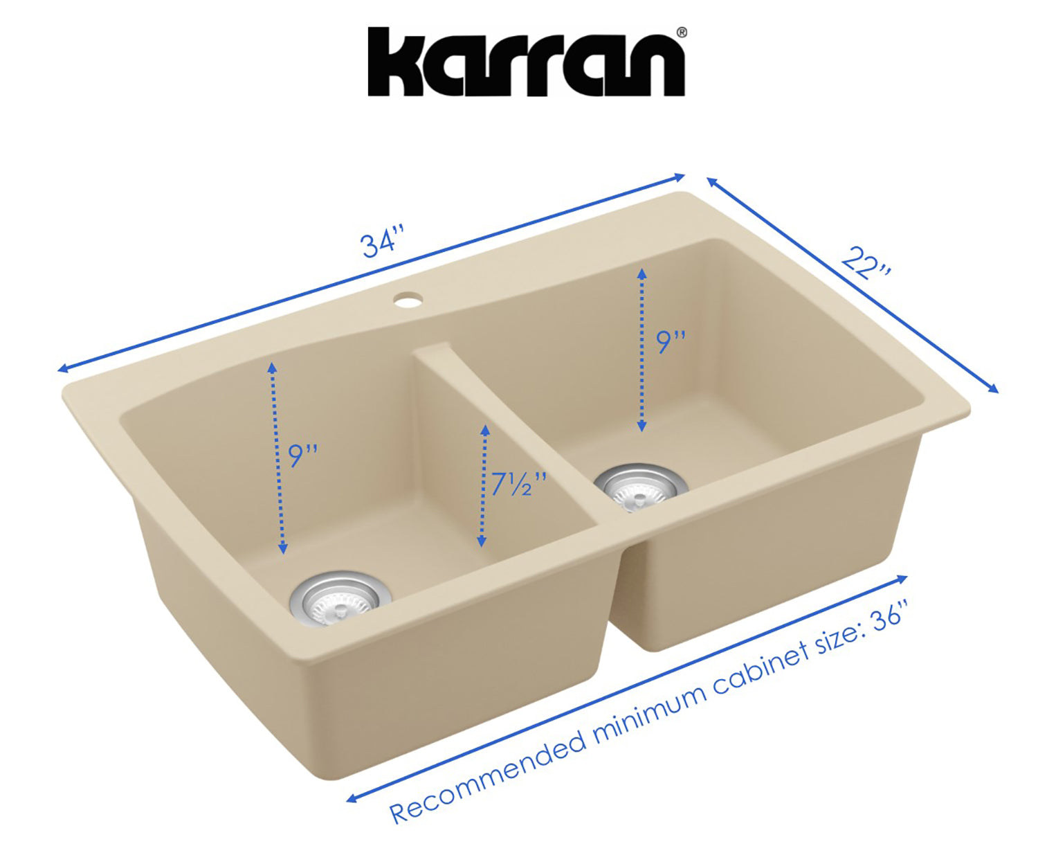 Karran 34" Drop In/Topmount Quartz Composite Kitchen Sink, 50/50 Double Bowl, Bisque, QT-720-BI