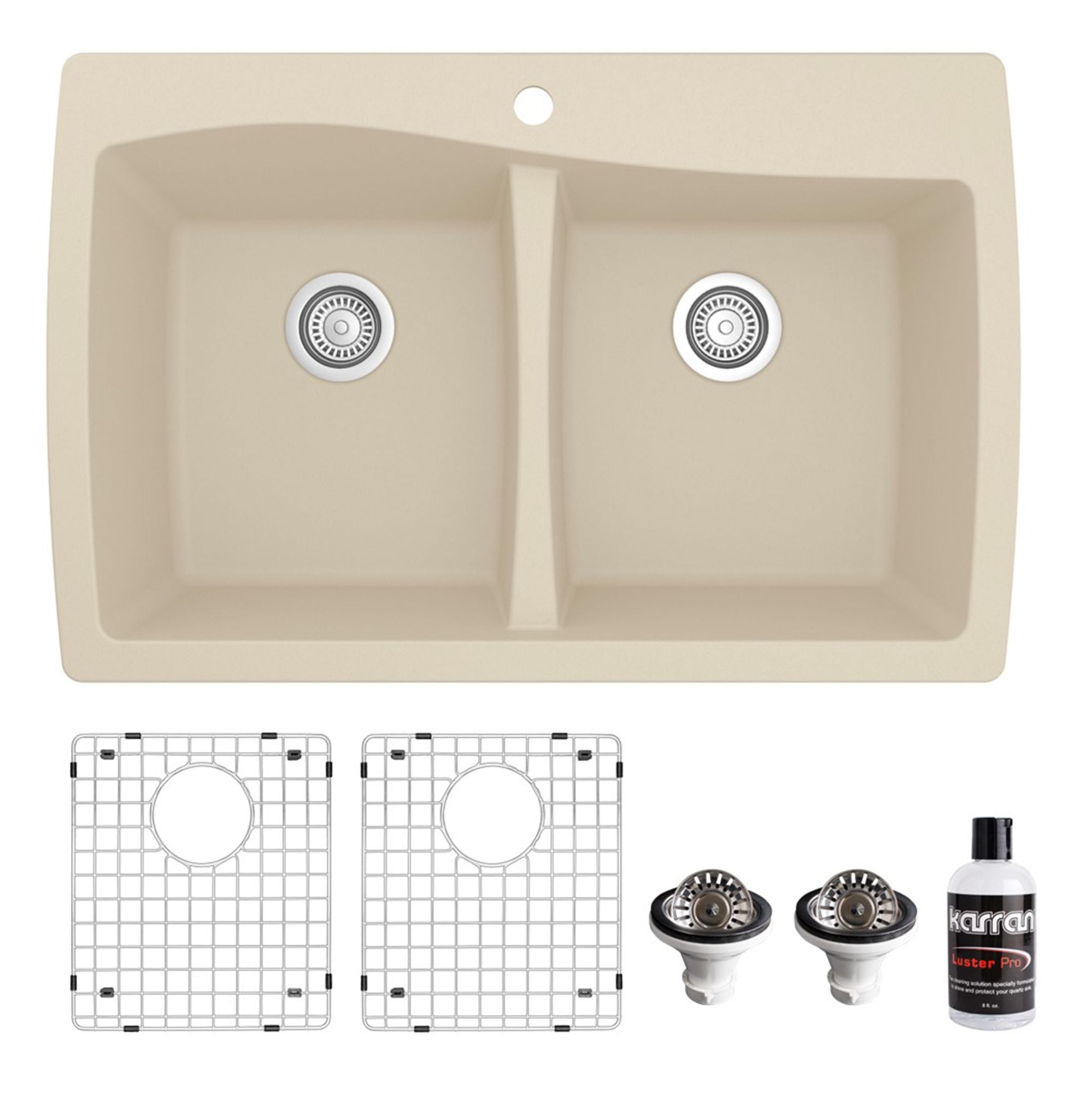 Karran 34" Drop In/Topmount Quartz Composite Kitchen Sink with Accessories, 50/50 Double Bowl, Bisque, QT-720-BI-PK1