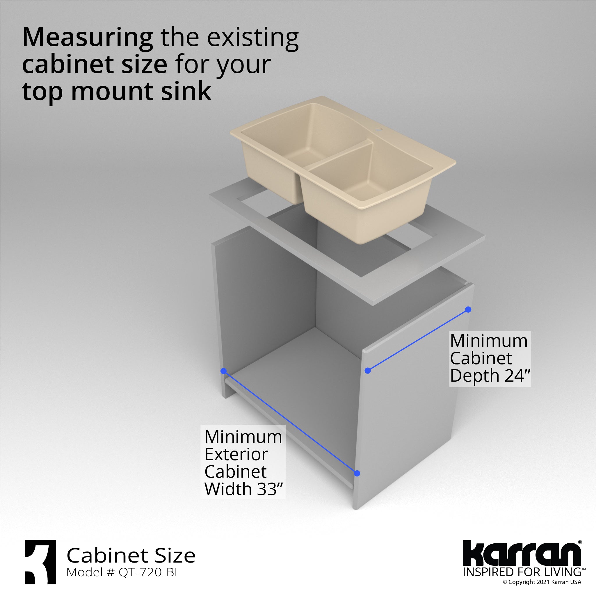 Alternate Image for Karran 34" Drop In/Topmount Quartz Composite Kitchen Sink with Accessories, 50/50 Double Bowl, Bisque, QT-720-BI-PK1