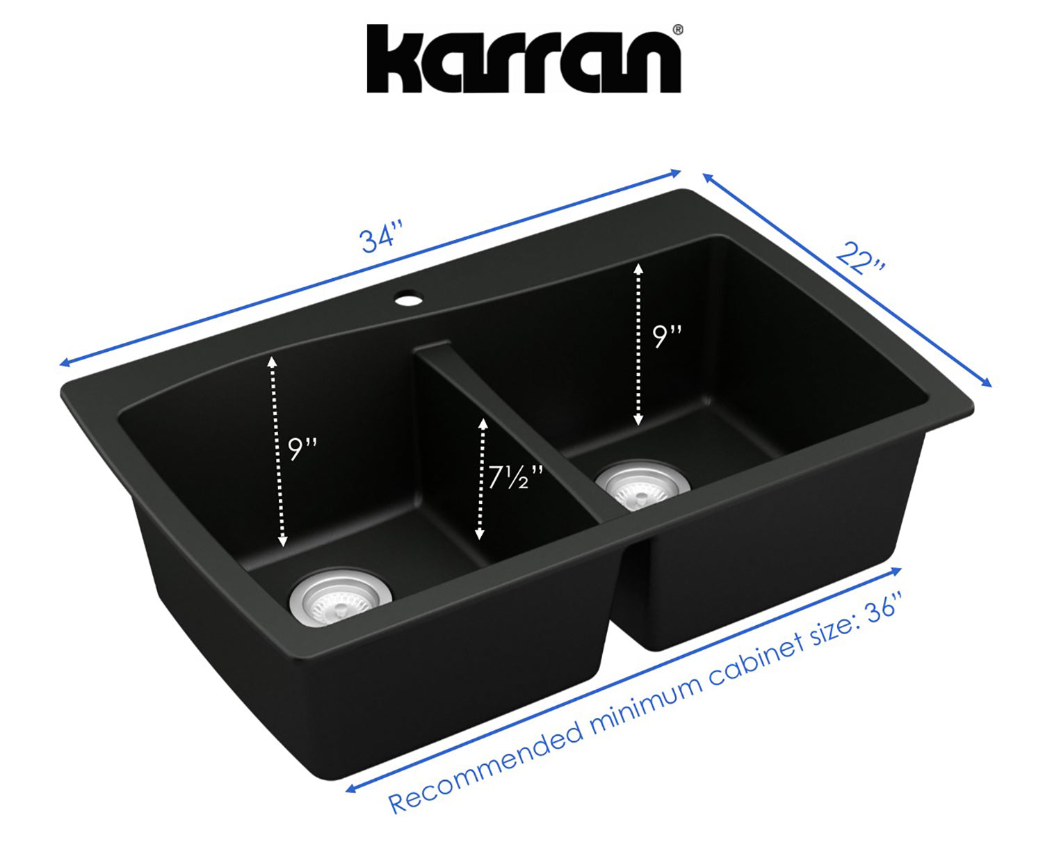Alternate Image for Karran 34" Drop In/Topmount Quartz Composite Kitchen Sink, 50/50 Double Bowl, Brown, QT-720-BR