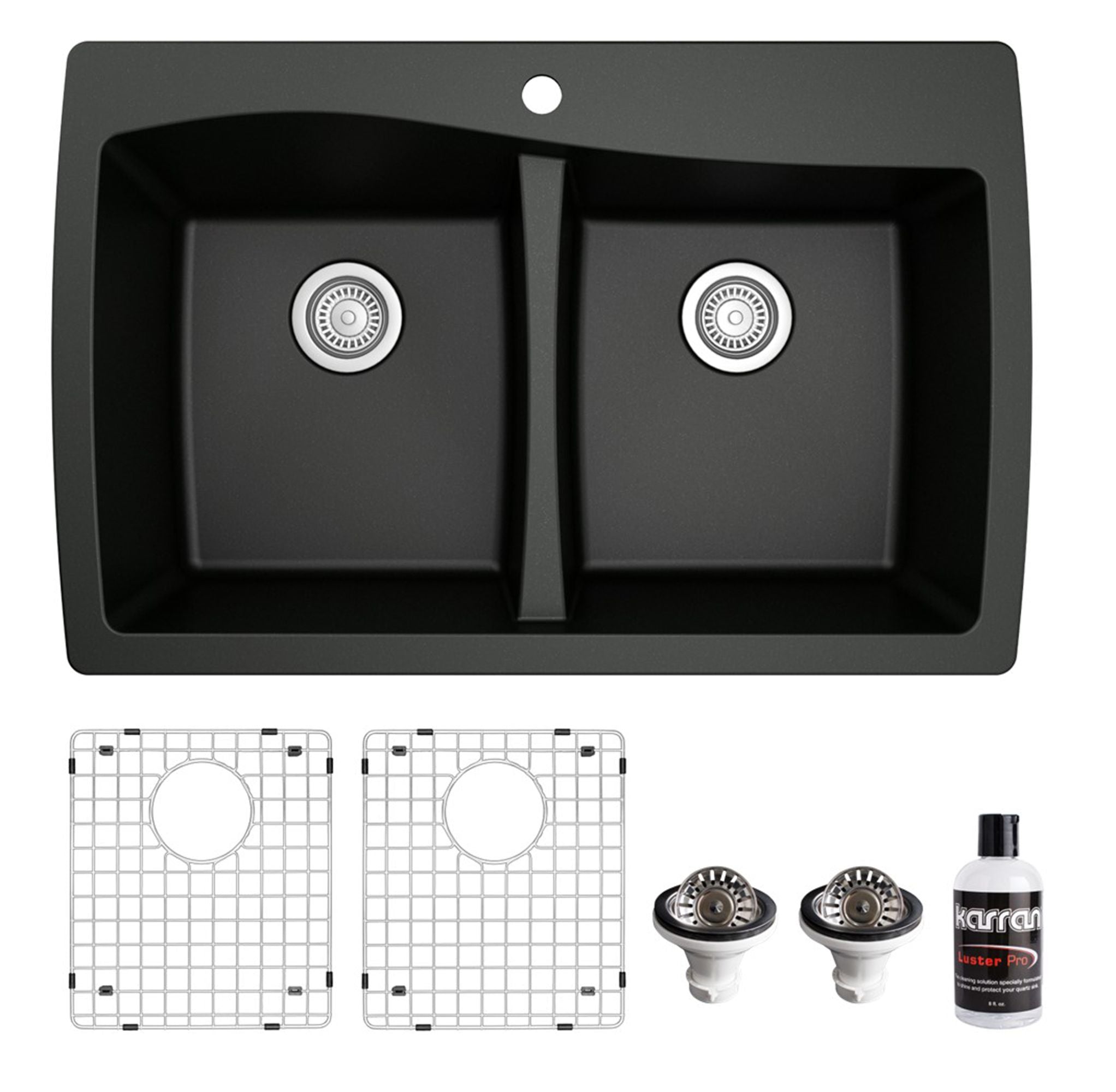Karran 34" Drop In/Topmount Quartz Composite Kitchen Sink with Accessories, 50/50 Double Bowl, Black, QT-720-BL-PK1