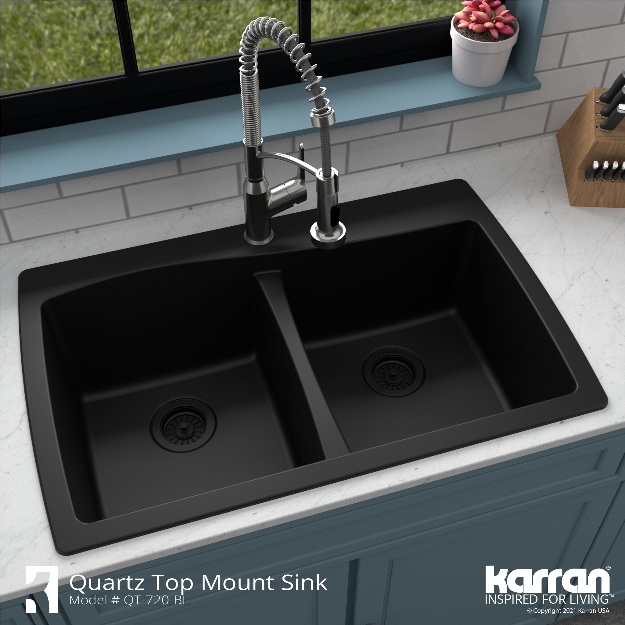 Alternate Image for Karran 34" Drop In/Topmount Quartz Composite Kitchen Sink with Accessories, 50/50 Double Bowl, Black, QT-720-BL-PK1