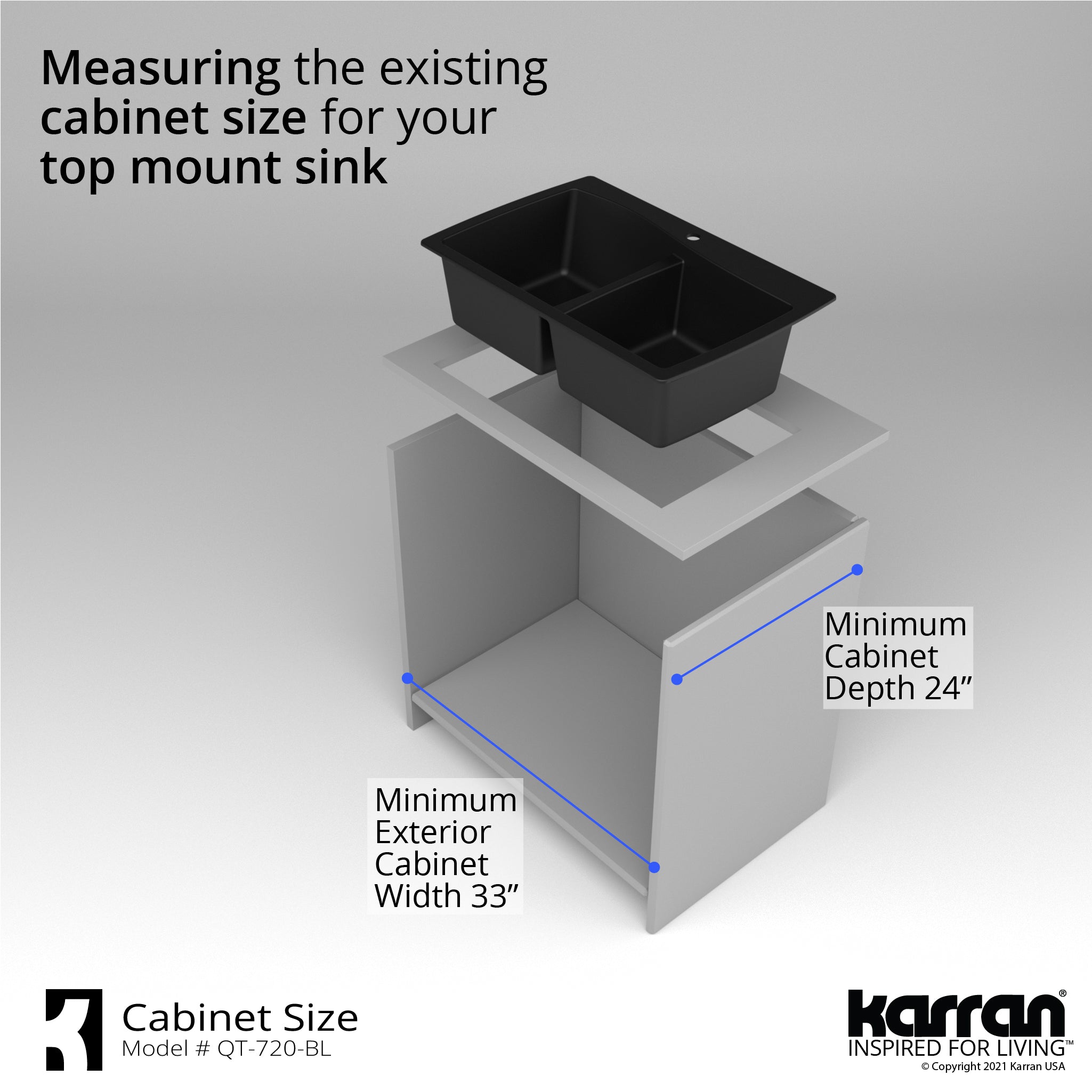 Alternate Image for Karran 34" Drop In/Topmount Quartz Composite Kitchen Sink with Accessories, 50/50 Double Bowl, Black, QT-720-BL-PK1