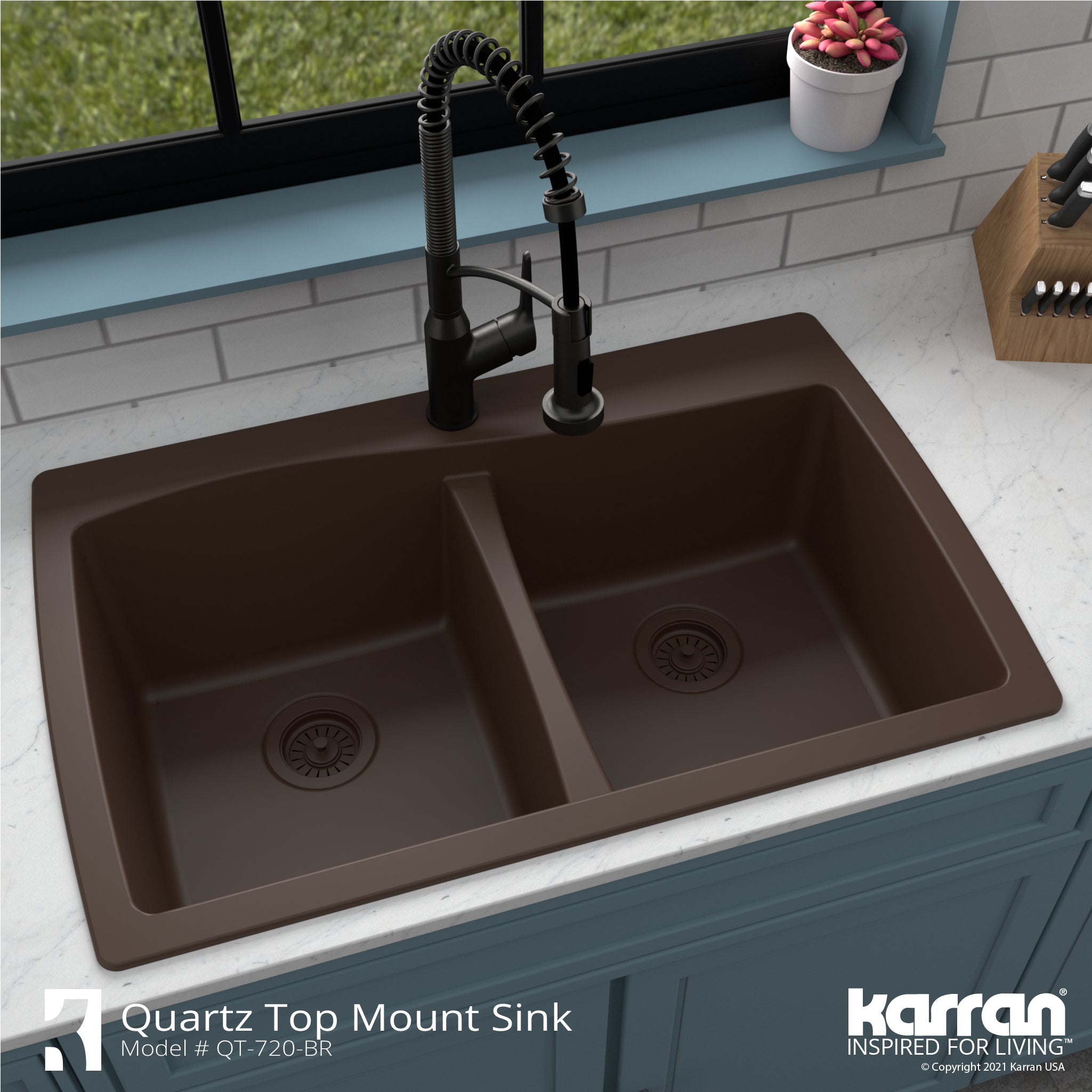 Alternate Image for Karran 34" Drop In/Topmount Quartz Composite Kitchen Sink with Accessories, 50/50 Double Bowl, Brown, QT-720-BR-PK1