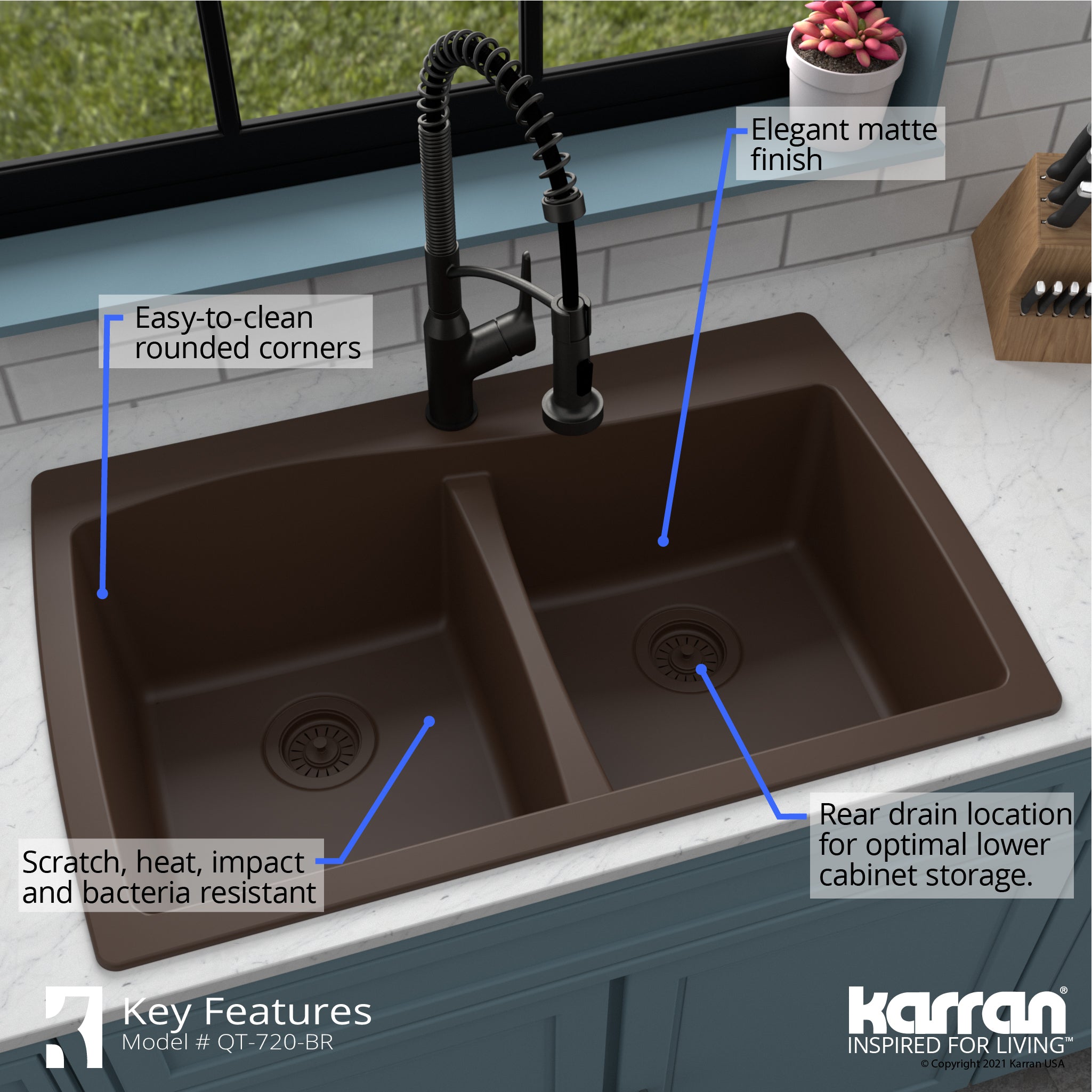 Alternate Image for Karran 34" Drop In/Topmount Quartz Composite Kitchen Sink with Accessories, 50/50 Double Bowl, Brown, QT-720-BR-PK1