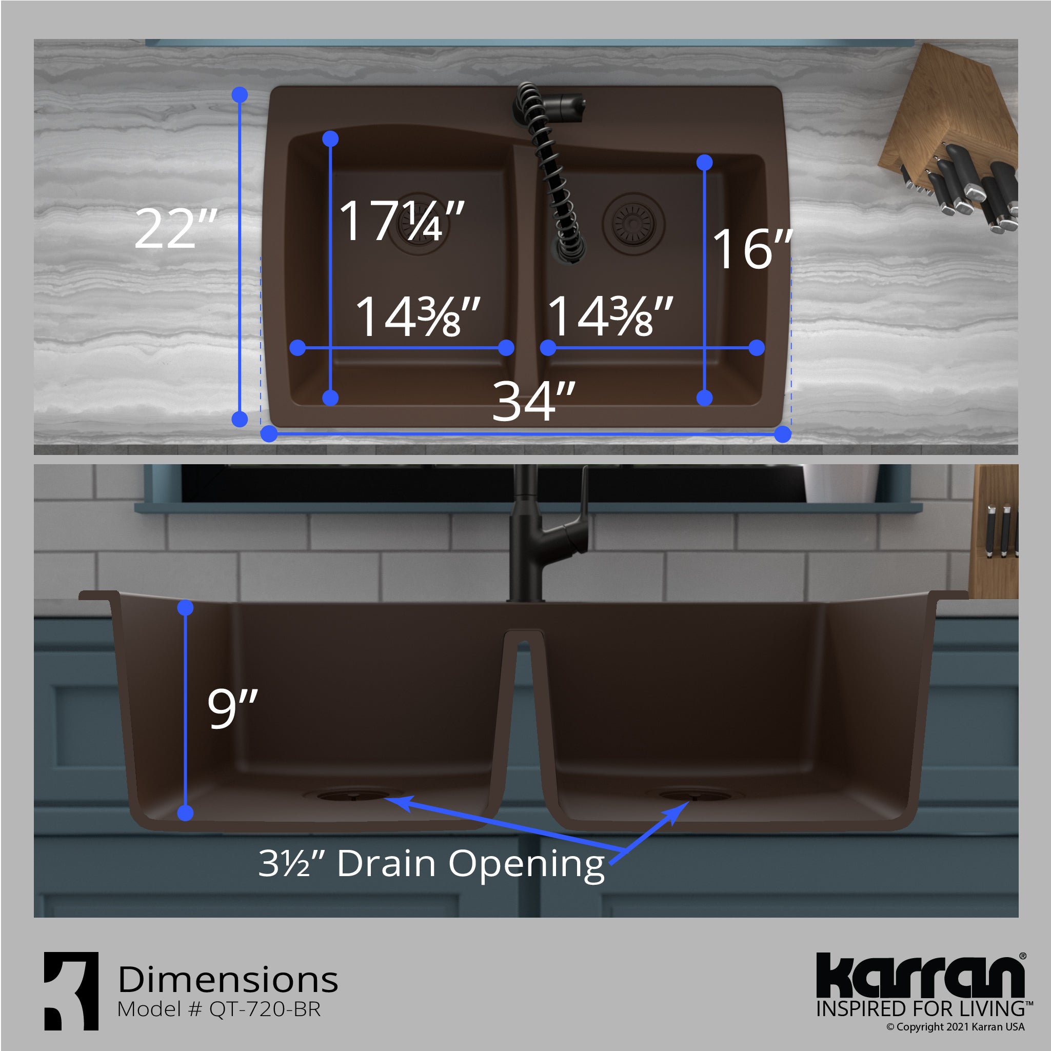 Alternate Image for Karran 34" Drop In/Topmount Quartz Composite Kitchen Sink with Accessories, 50/50 Double Bowl, Brown, QT-720-BR-PK1
