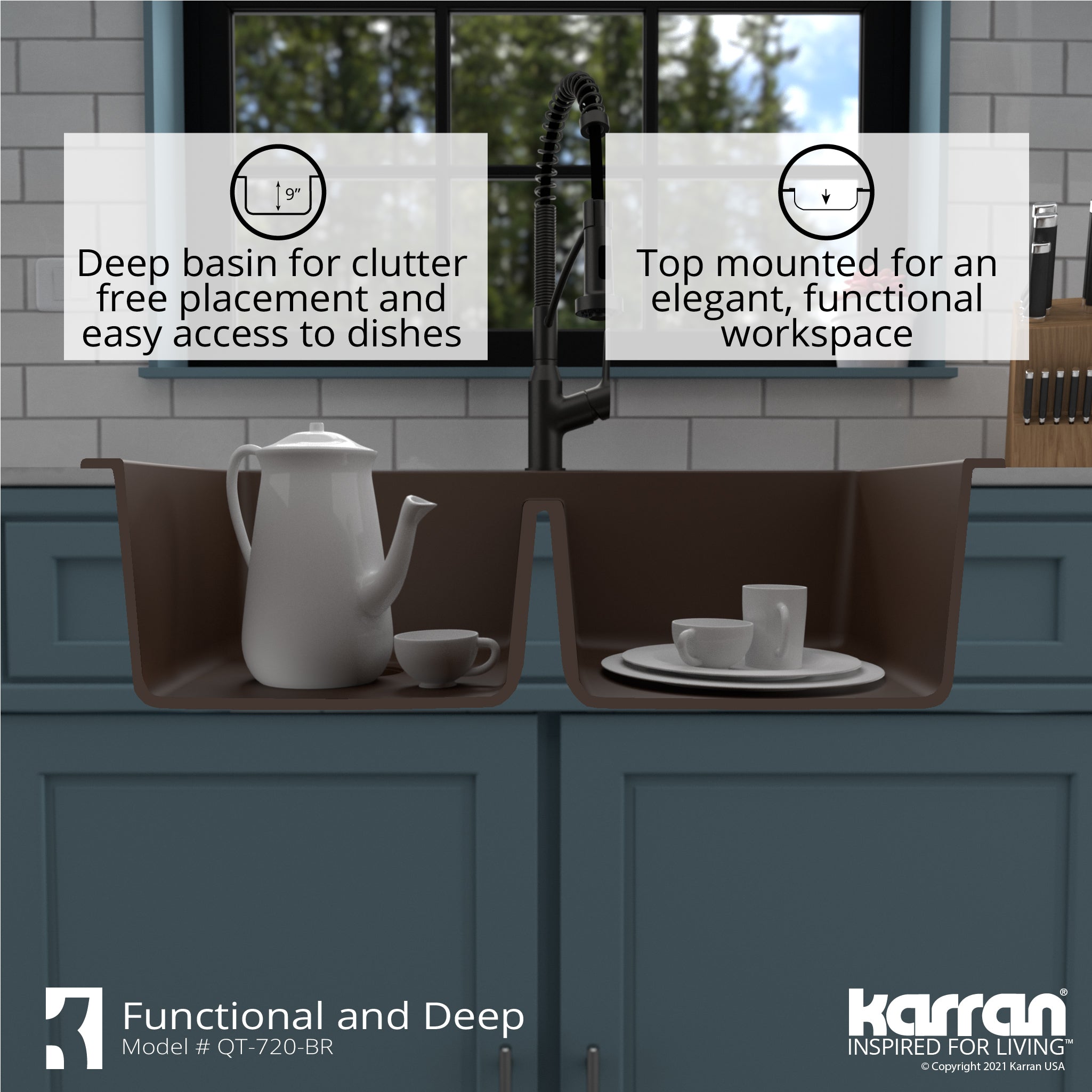 Alternate Image for Karran 34" Drop In/Topmount Quartz Composite Kitchen Sink with Accessories, 50/50 Double Bowl, Brown, QT-720-BR-PK1