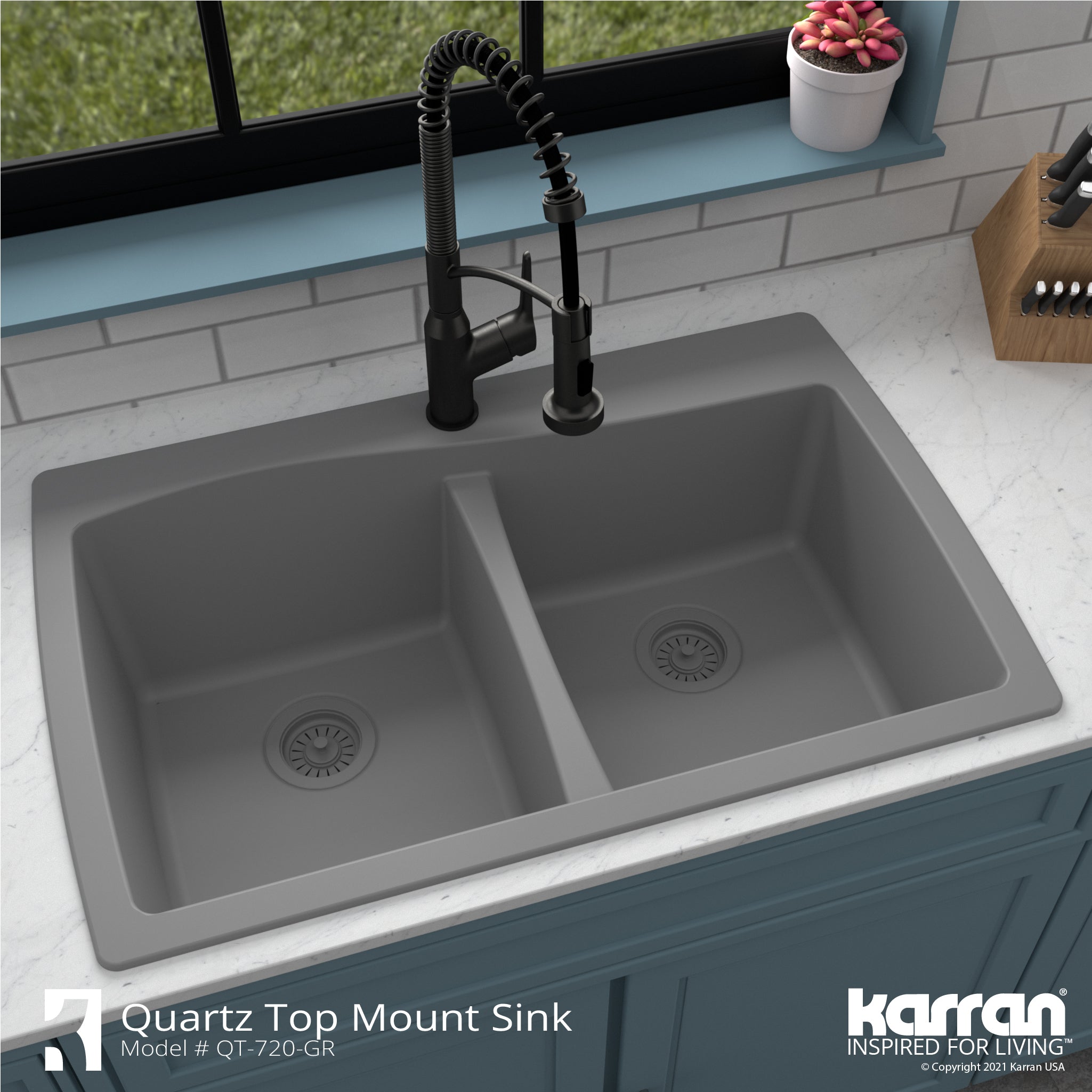 Alternate Image for Karran 34" Drop In/Topmount Quartz Composite Kitchen Sink with Accessories, 50/50 Double Bowl, Grey, QT-720-GR-PK1