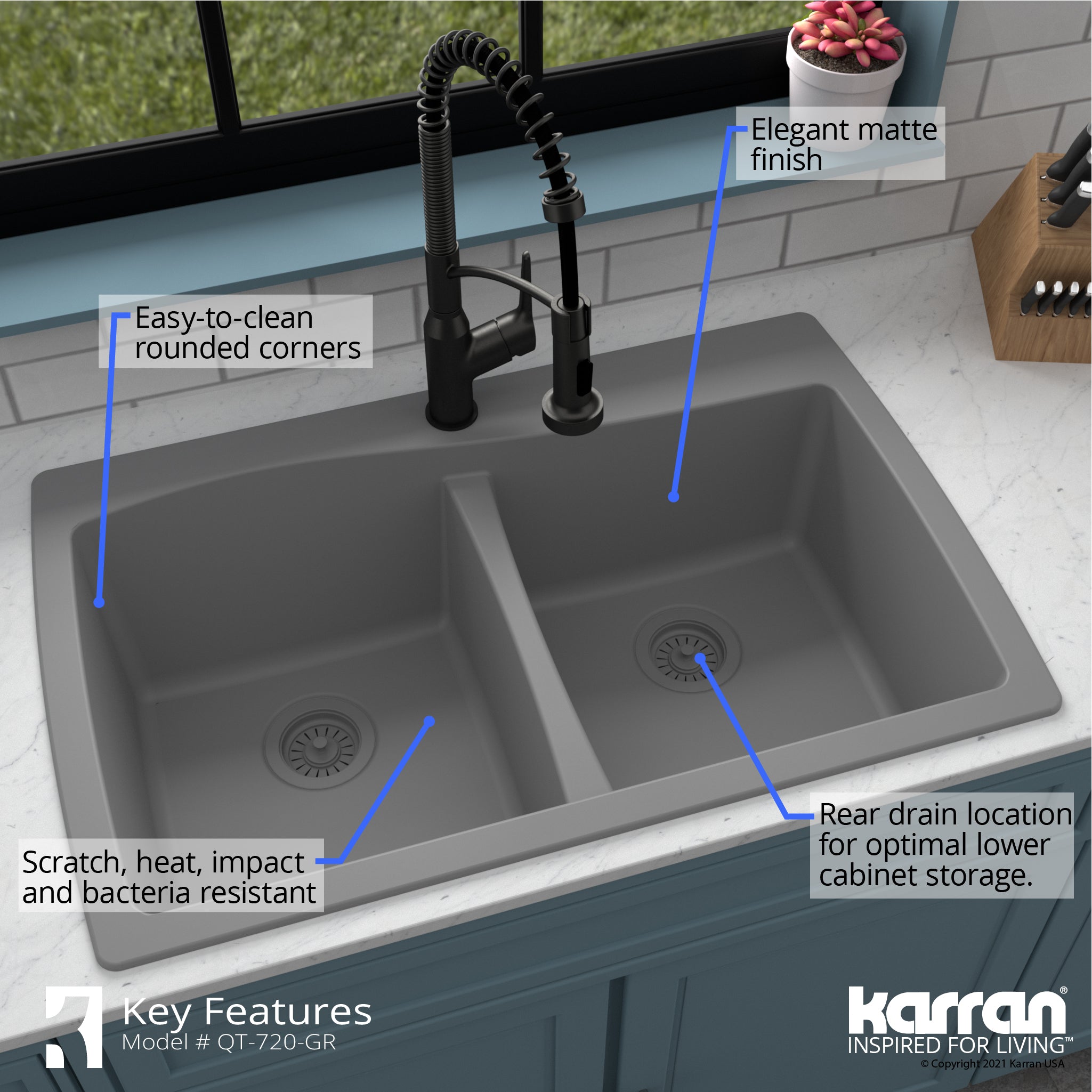 Alternate Image for Karran 34" Drop In/Topmount Quartz Composite Kitchen Sink with Accessories, 50/50 Double Bowl, Grey, QT-720-GR-PK1