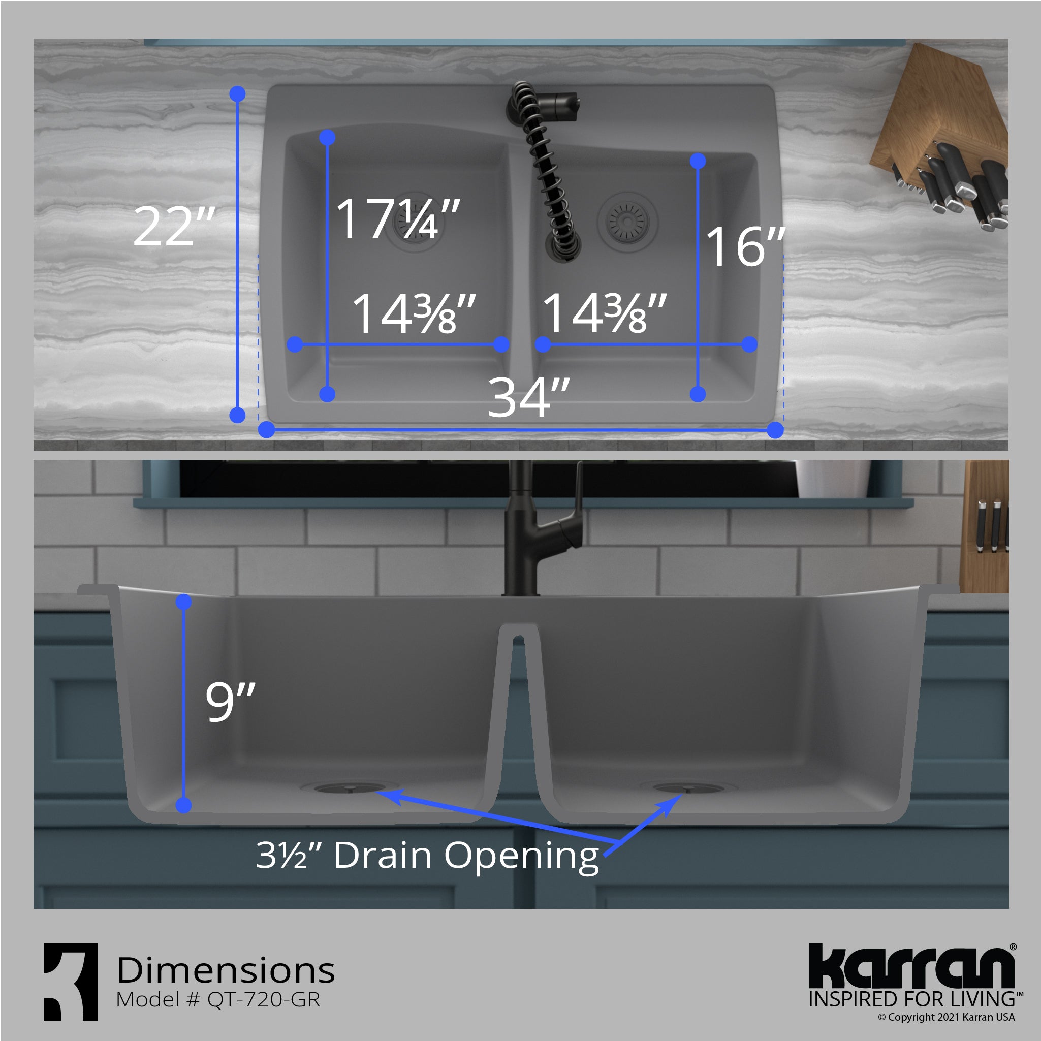 Alternate Image for Karran 34" Drop In/Topmount Quartz Composite Kitchen Sink with Accessories, 50/50 Double Bowl, Grey, QT-720-GR-PK1