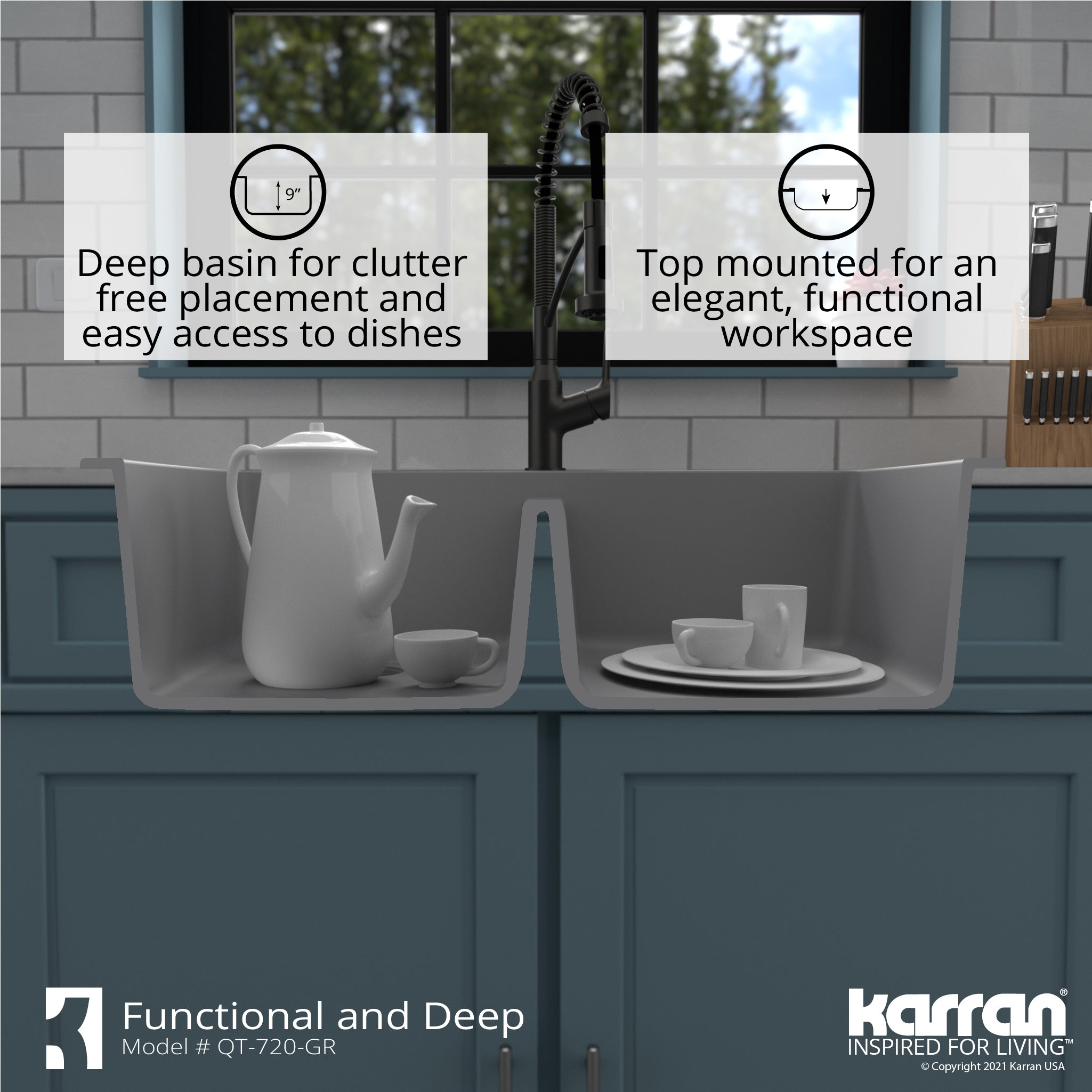 Alternate Image for Karran 34" Drop In/Topmount Quartz Composite Kitchen Sink with Accessories, 50/50 Double Bowl, Grey, QT-720-GR-PK1