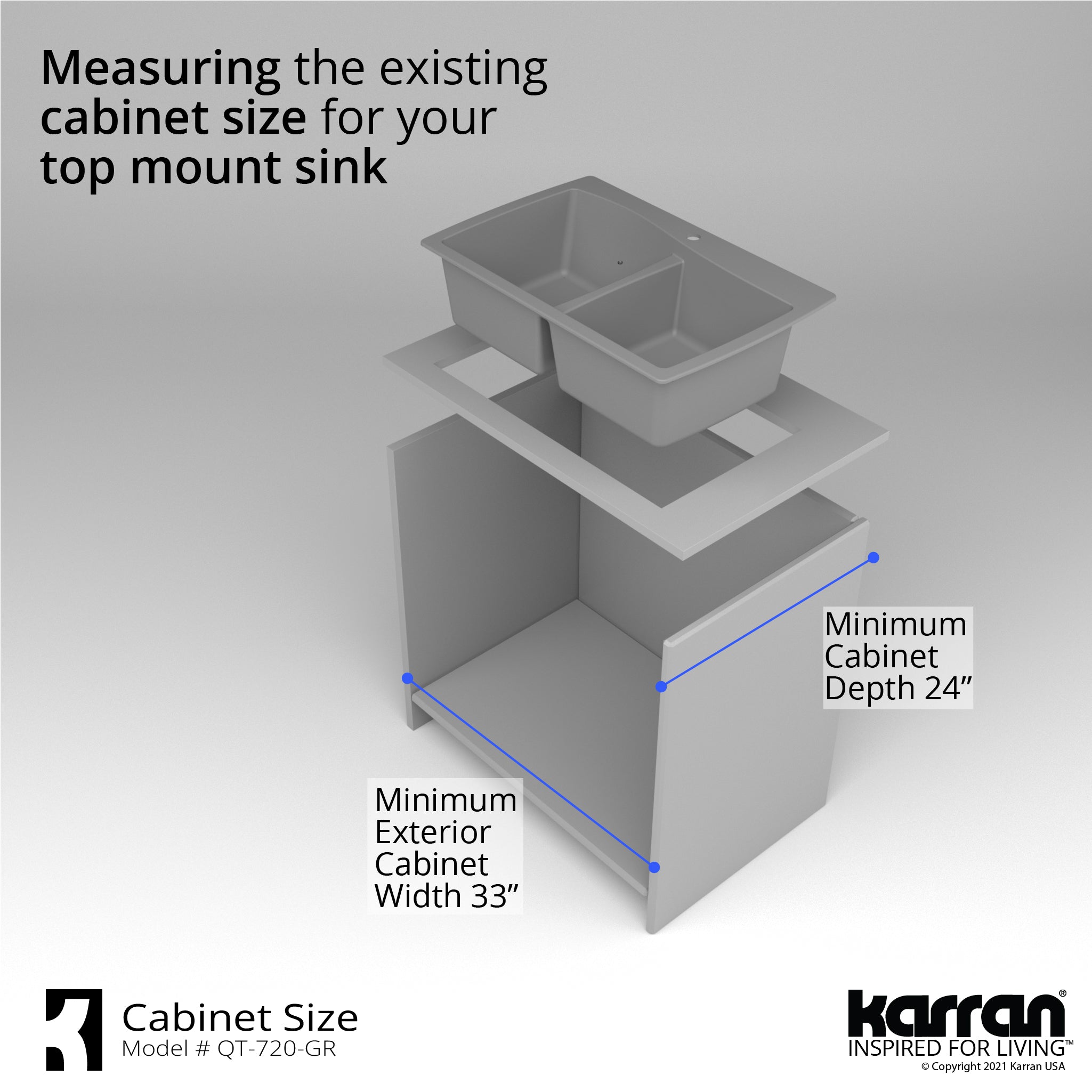 Alternate Image for Karran 34" Drop In/Topmount Quartz Composite Kitchen Sink with Accessories, 50/50 Double Bowl, Grey, QT-720-GR-PK1