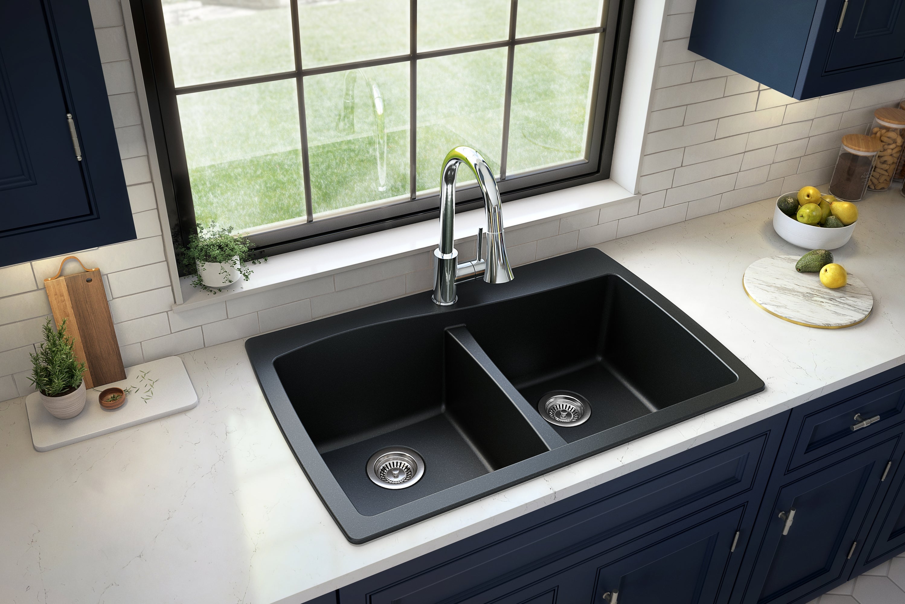 Karran 34" Drop In/Topmount Quartz Composite Kitchen Sink with Accessories, 50/50 Double Bowl, Black, QT-720-BL-PK1