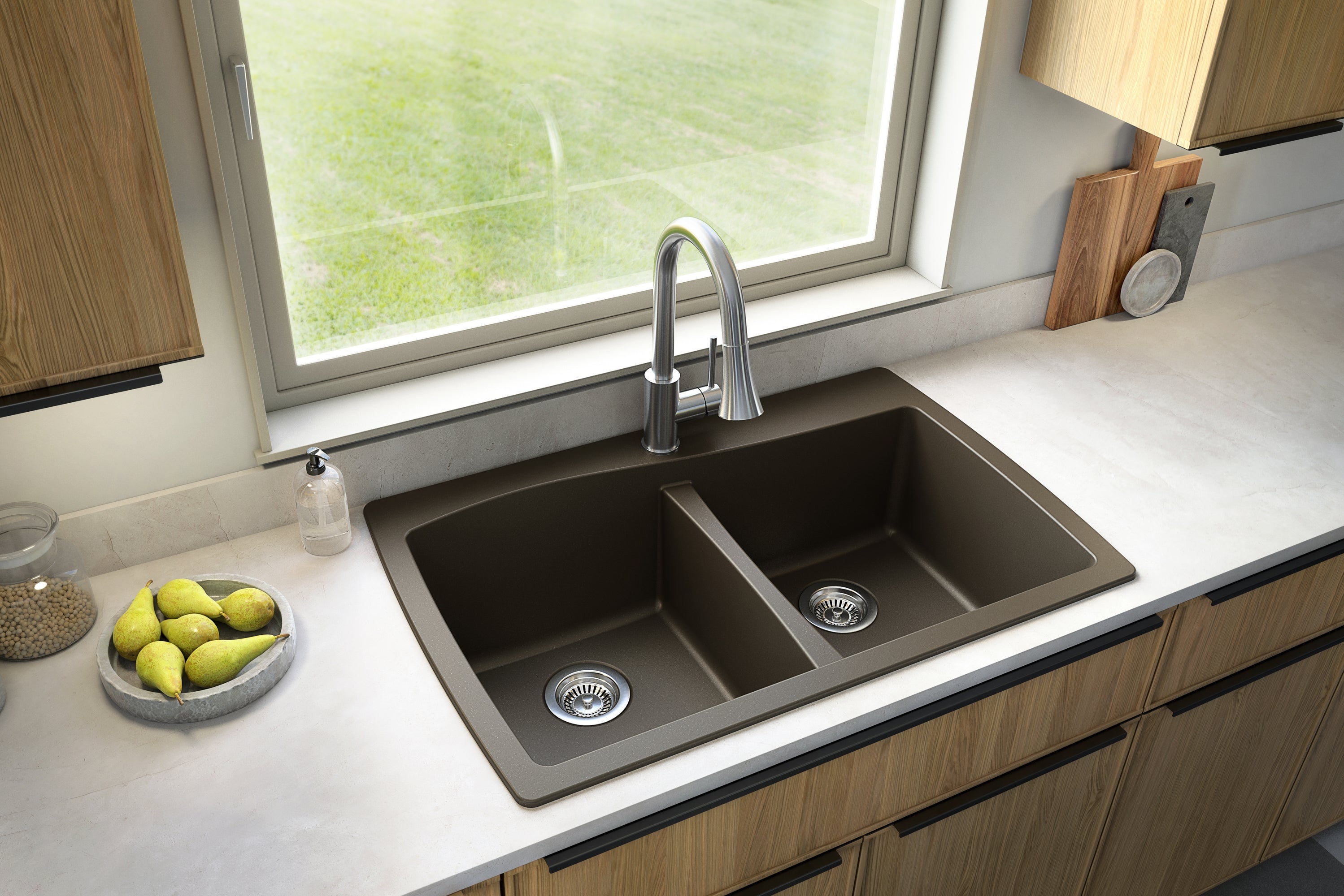 Karran 34" Drop In/Topmount Quartz Composite Kitchen Sink with Accessories, 50/50 Double Bowl, Brown, QT-720-BR-PK1