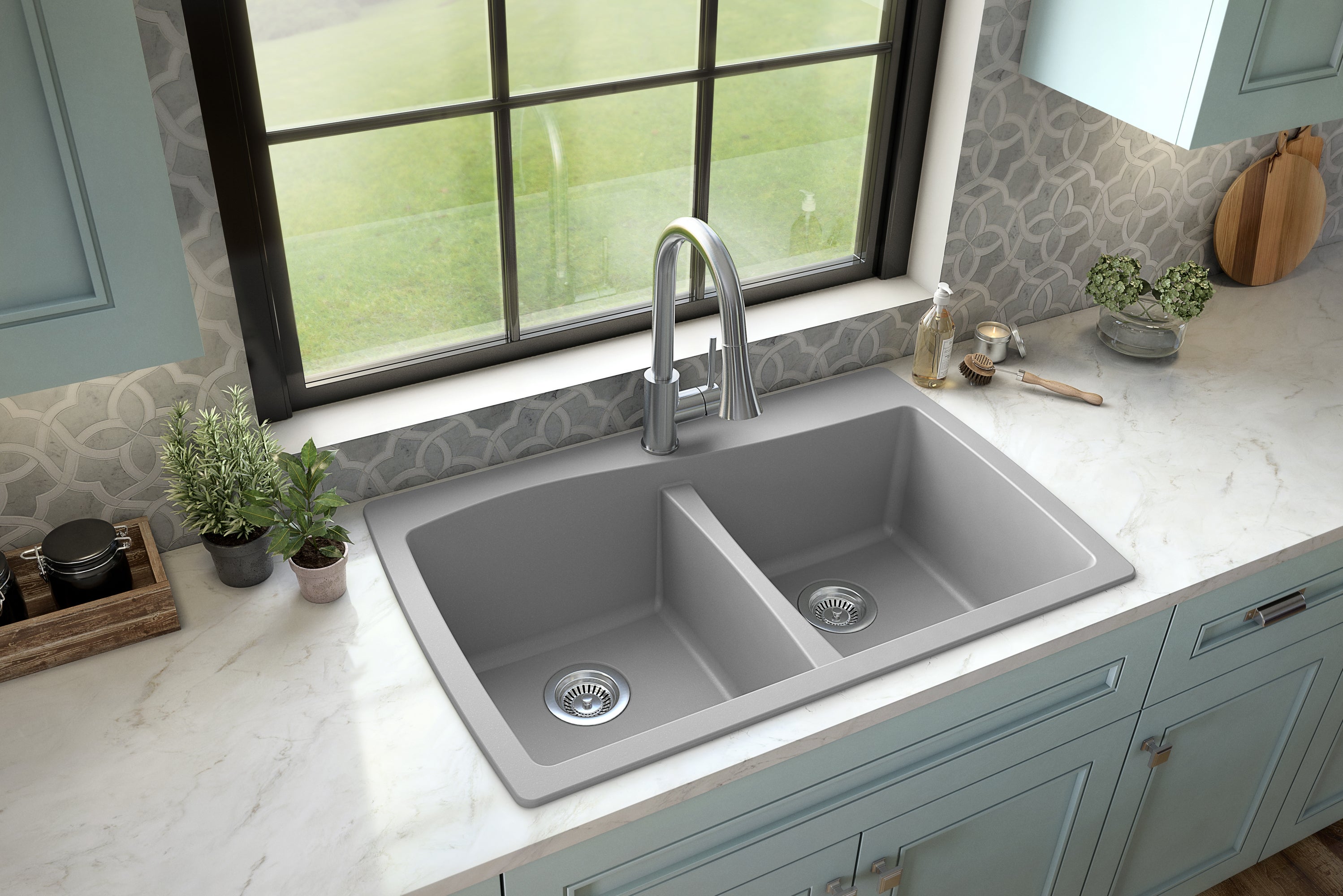 Karran 34" Drop In/Topmount Quartz Composite Kitchen Sink with Accessories, 50/50 Double Bowl, Grey, QT-720-GR-PK1
