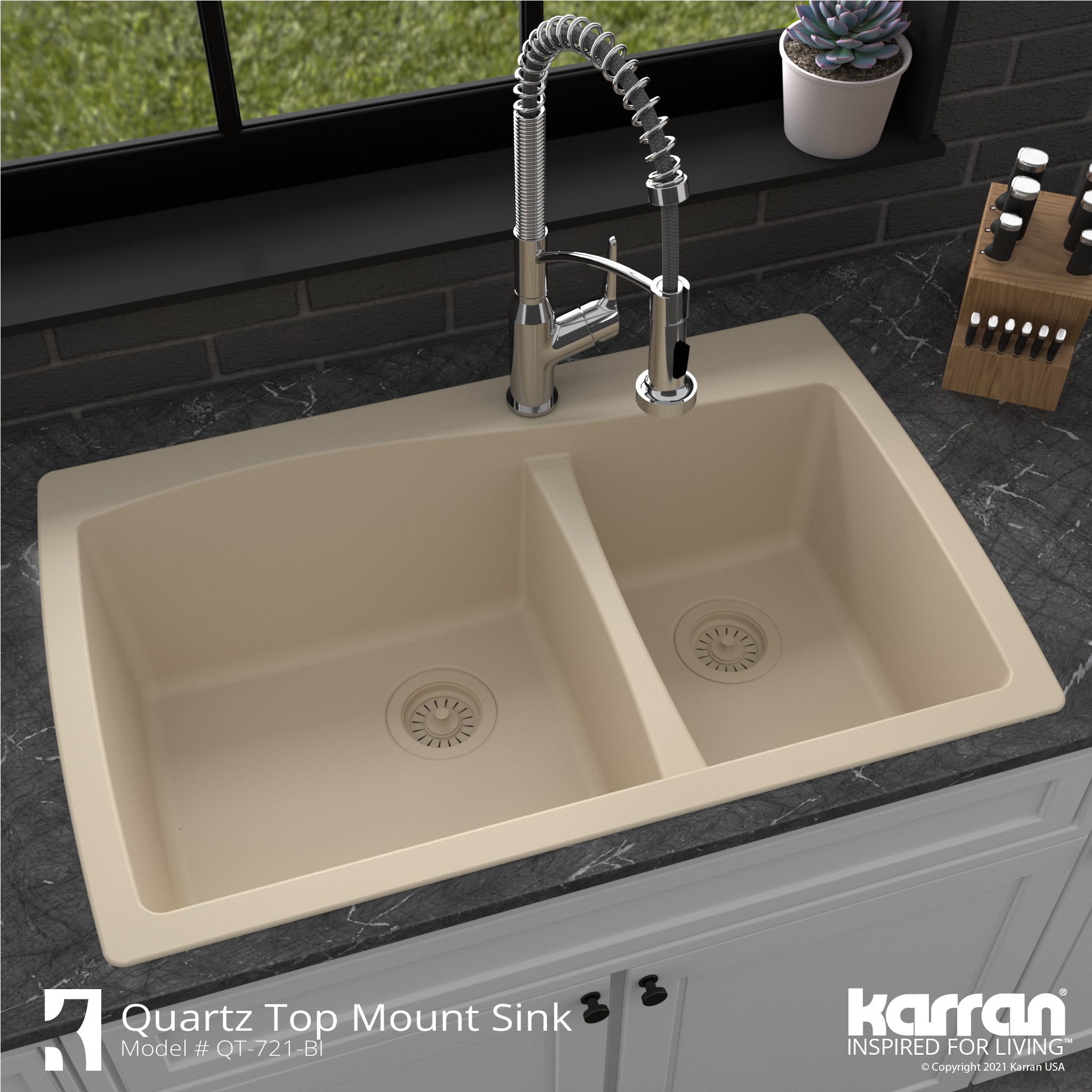 Alternate Image for Karran 34" Drop In/Topmount Quartz Composite Kitchen Sink with Accessories, 60/40 Double Bowl, Bisque, QT-721-BI-PK1
