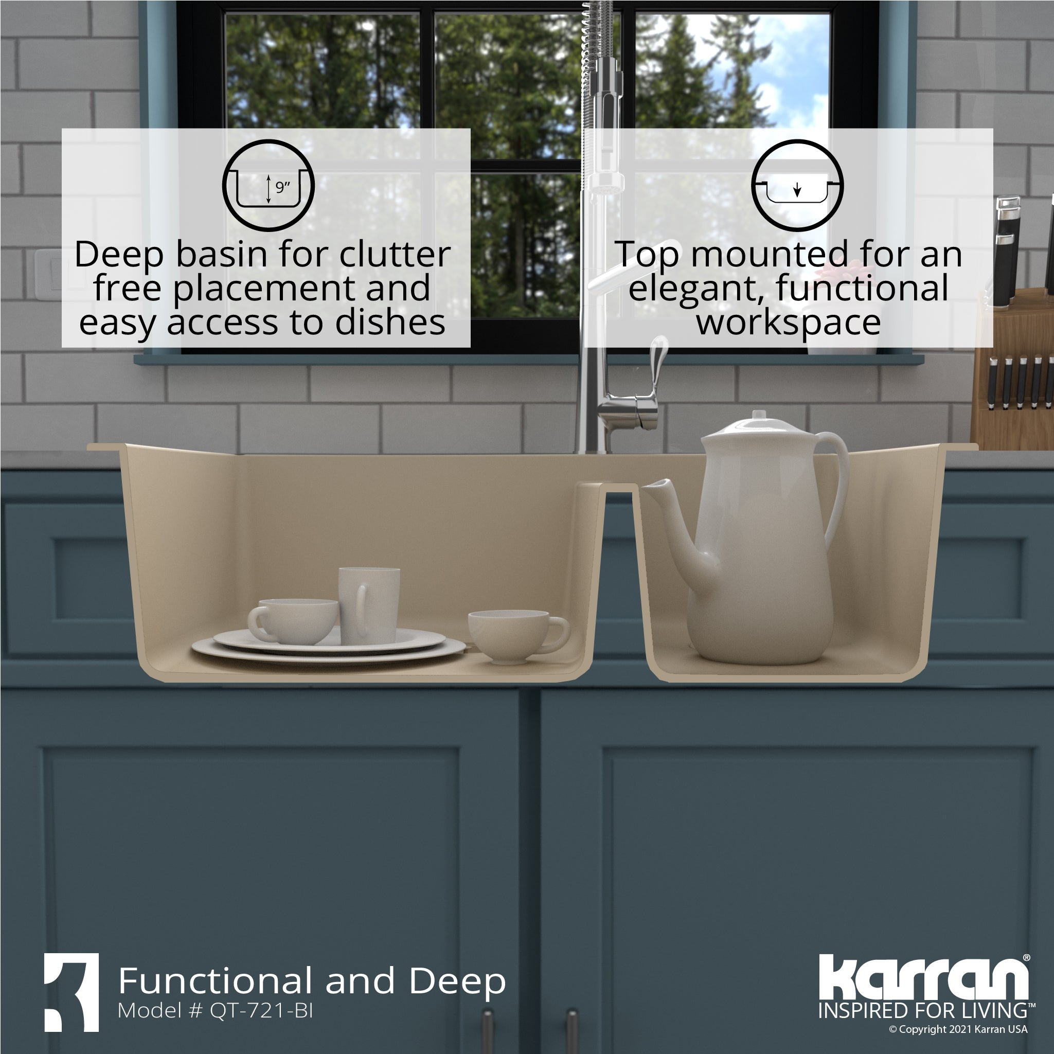 Alternate Image for Karran 34" Drop In/Topmount Quartz Composite Kitchen Sink with Accessories, 60/40 Double Bowl, Bisque, QT-721-BI-PK1